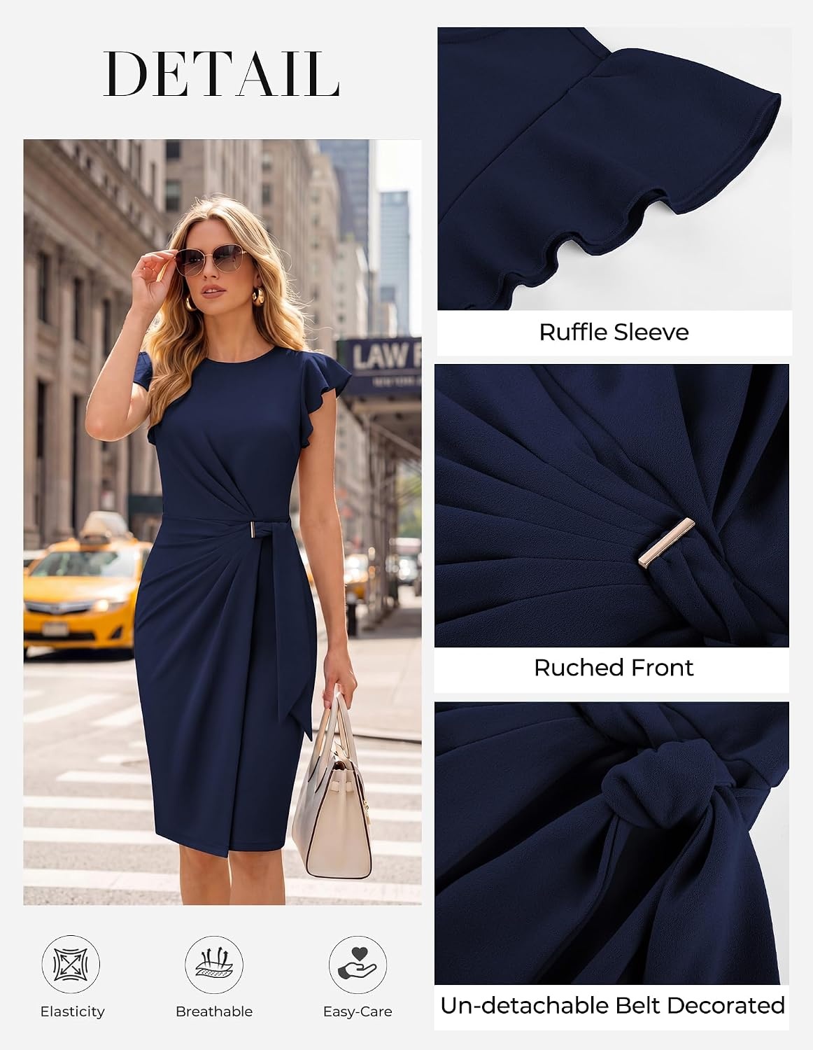 image:imageGRACE KARIN Womens Business Casual Midi Dress Church Work Bodycon Dresses Ruched Waist Ruffle Sleeve Lightweight KneeLength Stretchy WrinkleResistant Elegant for Graduation Teacher FuneralNavy Blue