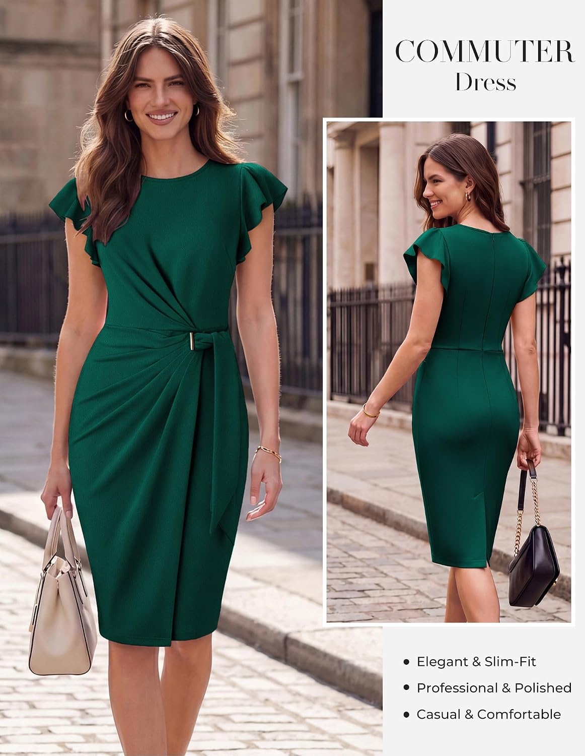 image:imageGRACE KARIN Womens Business Casual Midi Dress Church Work Bodycon Dresses Ruched Waist Ruffle Sleeve Lightweight KneeLength Stretchy WrinkleResistant Elegant for Graduation Teacher FuneralVerdant Green