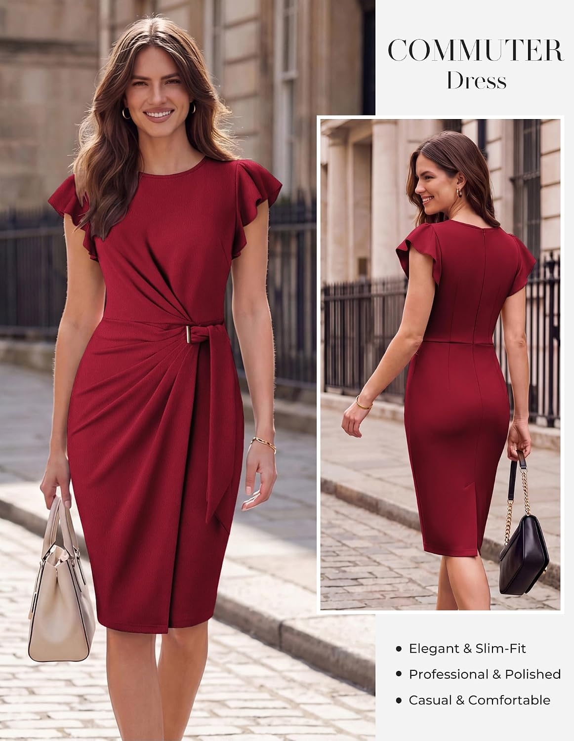 image:imageGRACE KARIN Womens Business Casual Midi Dress Church Work Bodycon Dresses Ruched Waist Ruffle Sleeve Lightweight KneeLength Stretchy WrinkleResistant Elegant for Graduation Teacher FuneralDark Red