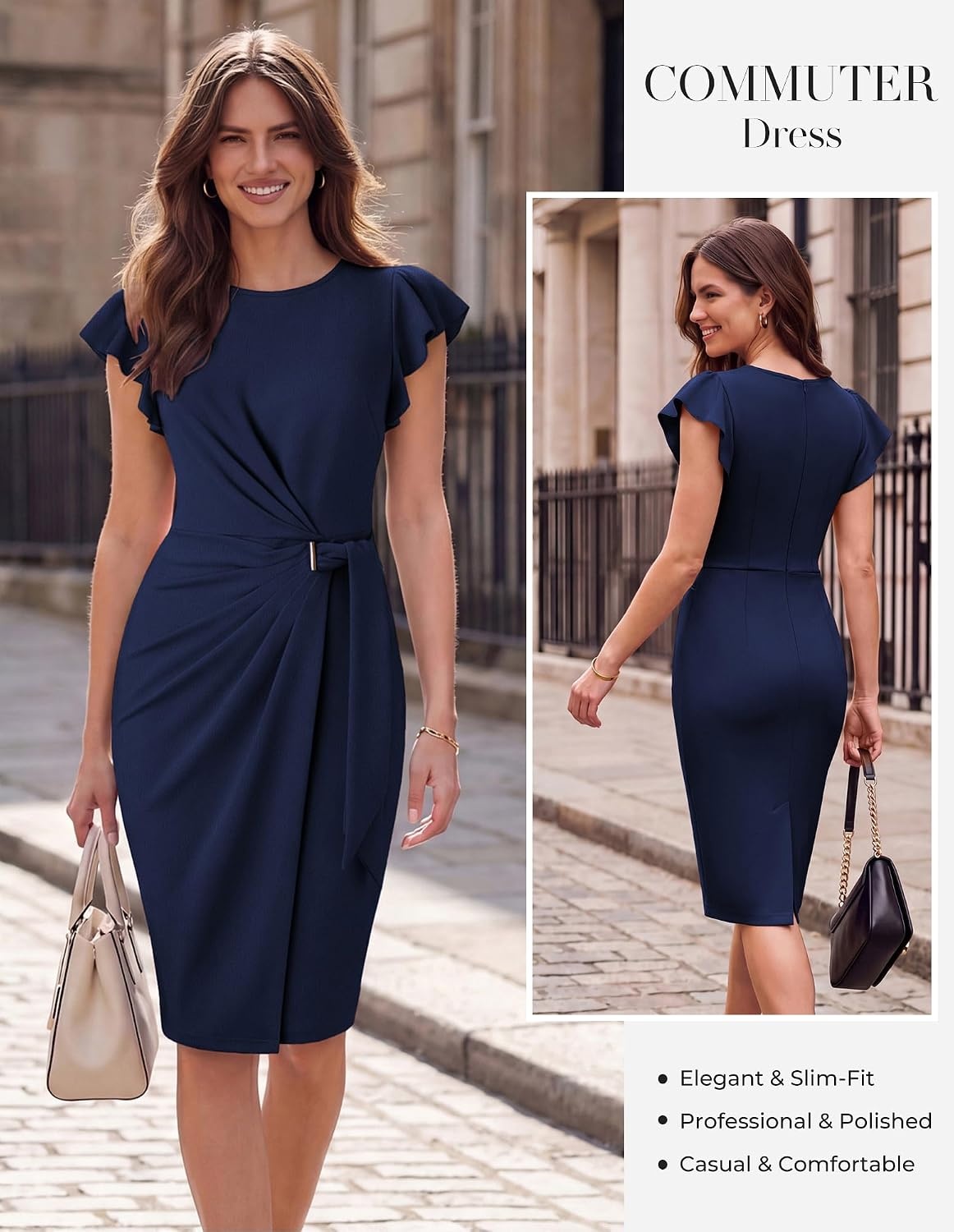 image:imageGRACE KARIN Womens Business Casual Midi Dress Church Work Bodycon Dresses Ruched Waist Ruffle Sleeve Lightweight KneeLength Stretchy WrinkleResistant Elegant for Graduation Teacher FuneralNavy Blue