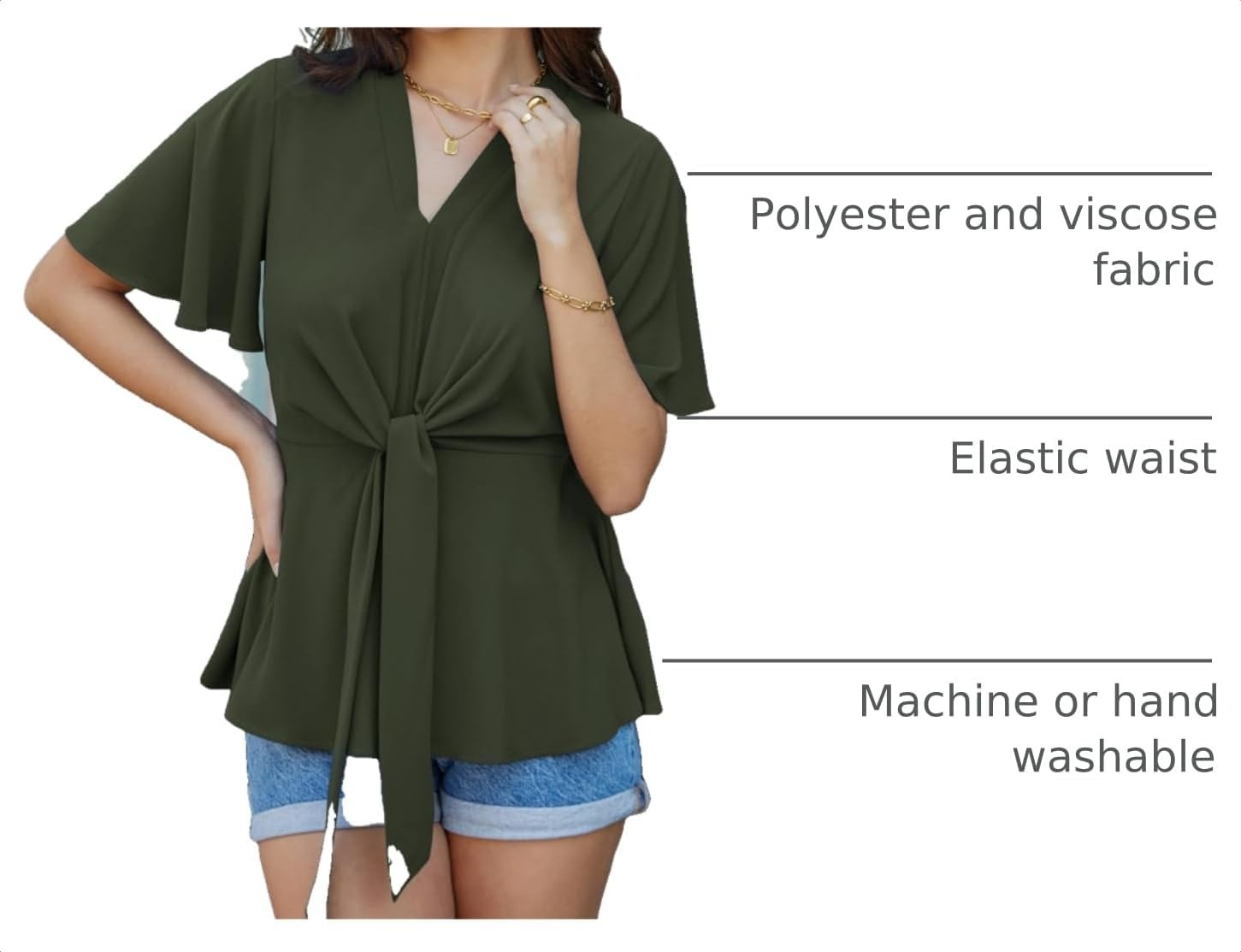image:imageGRACE KARIN Womens Elegant VNeck Tie Waist Flowy Peplum Shirt Tops Flatters Pear amp Curvy Figures Soft Breathable Allday True to size Office to Weddings amp Weekend CasualsArmy Green