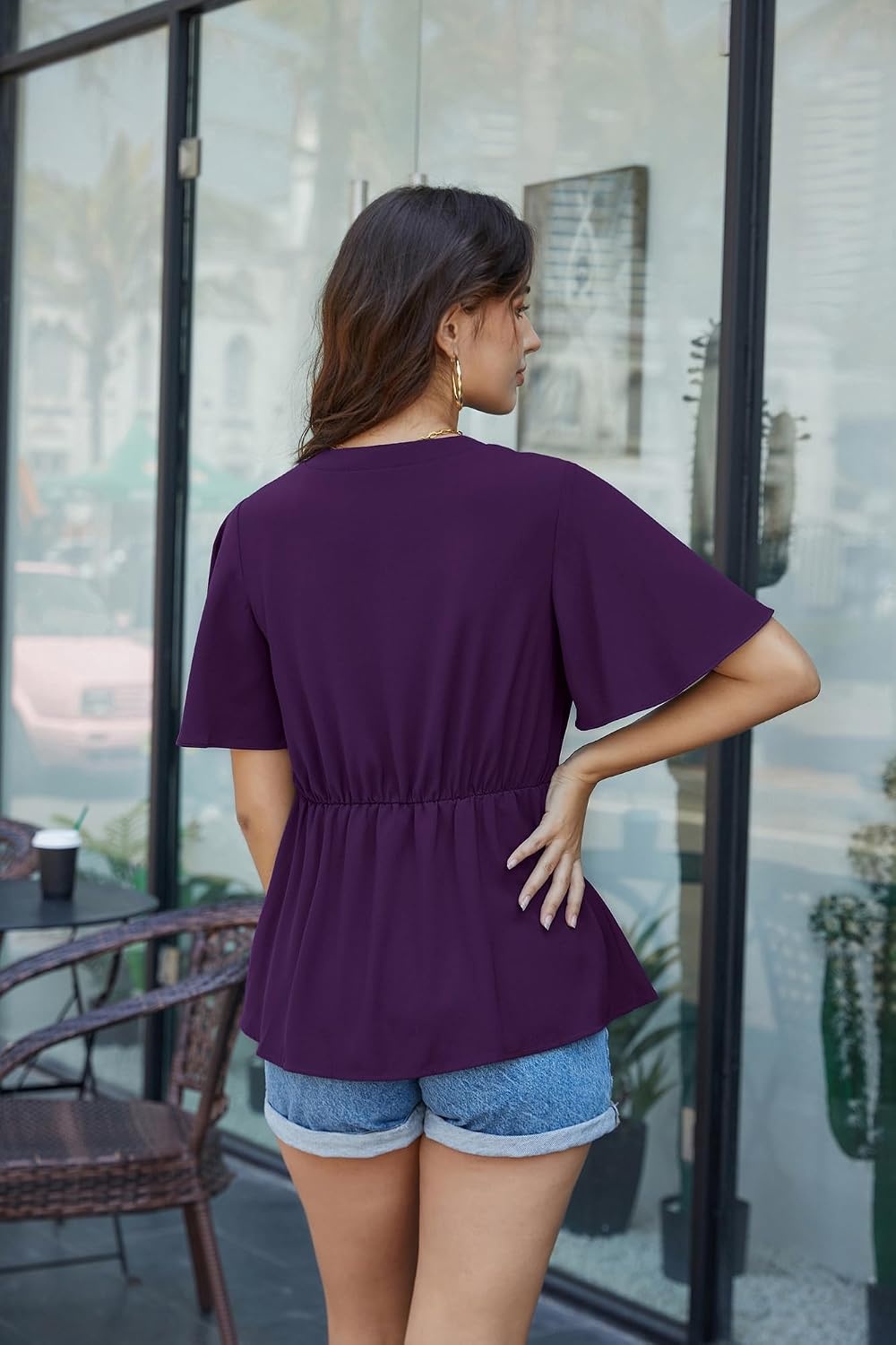 image:imageGRACE KARIN Womens Elegant VNeck Tie Waist Flowy Peplum Shirt Tops Flatters Pear amp Curvy Figures Soft Breathable Allday True to size Office to Weddings amp Weekend CasualsDark Purple