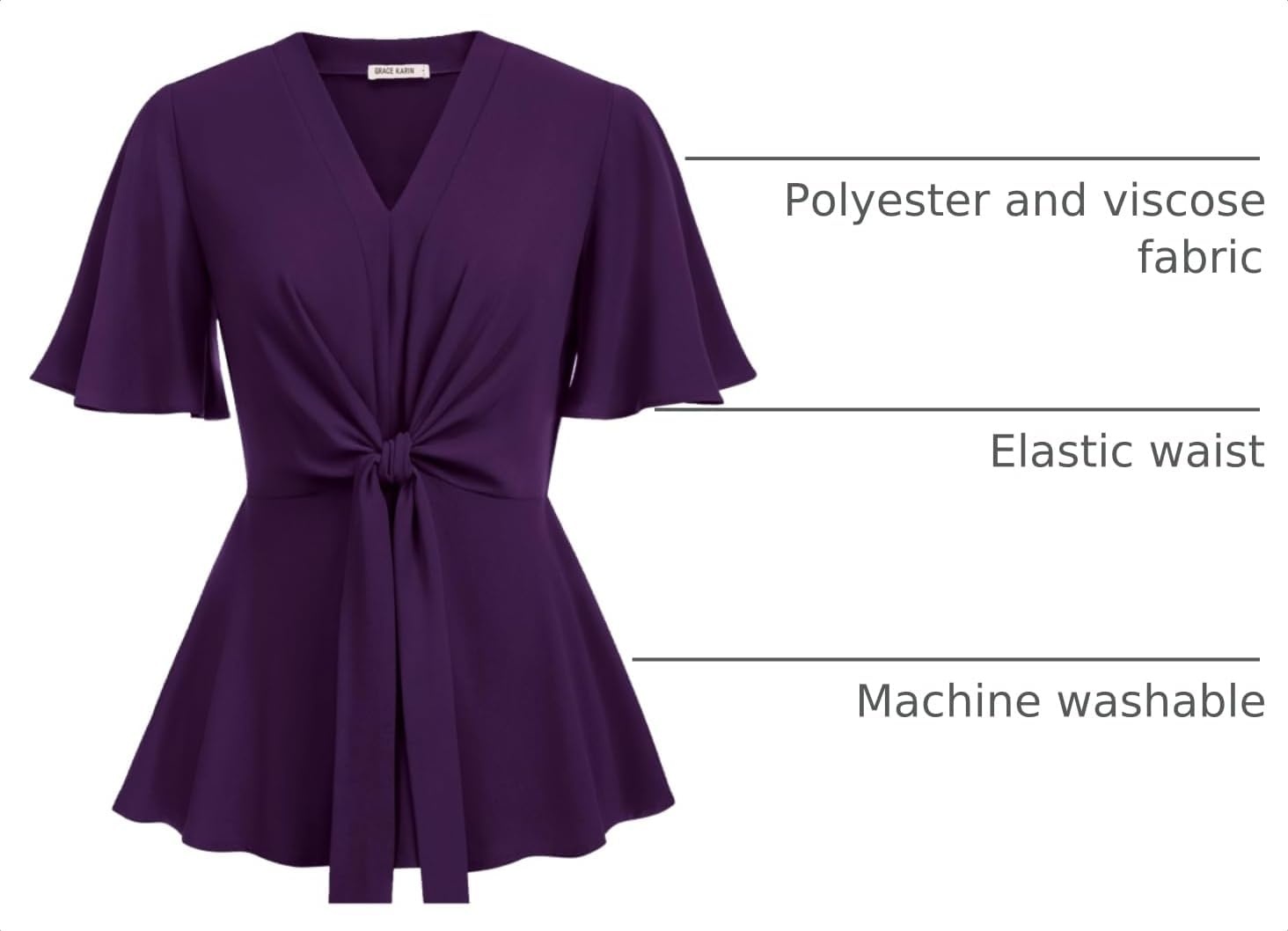 image:imageGRACE KARIN Womens Elegant VNeck Tie Waist Flowy Peplum Shirt Tops Flatters Pear amp Curvy Figures Soft Breathable Allday True to size Office to Weddings amp Weekend CasualsDark Purple