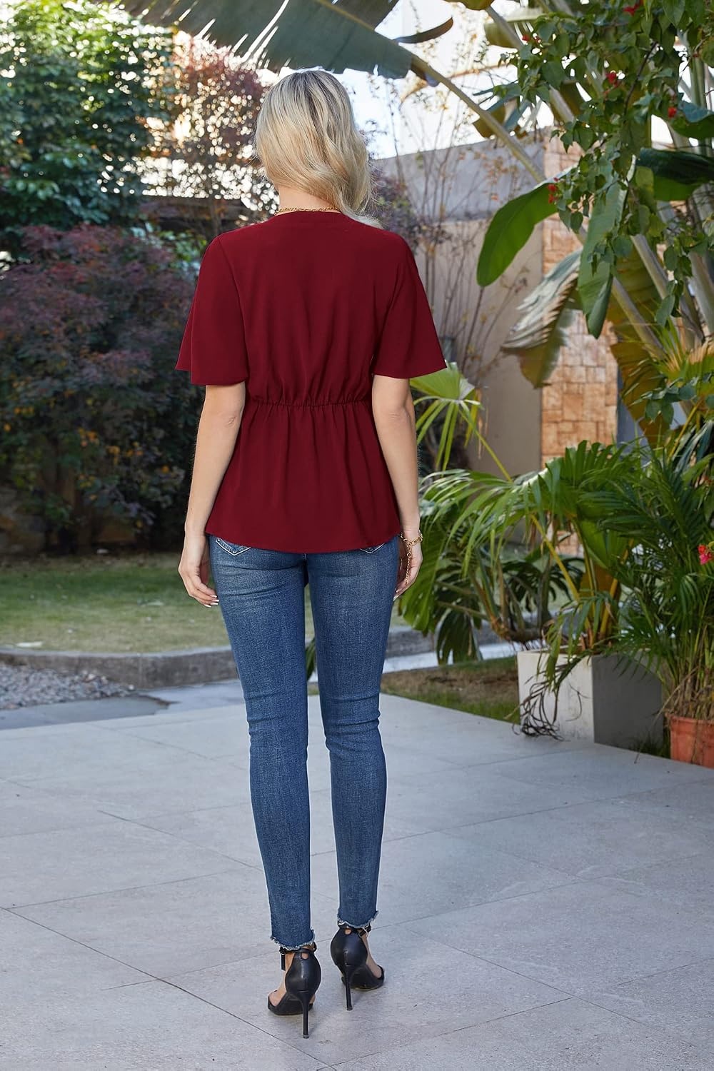 image:imageGRACE KARIN Womens Elegant VNeck Tie Waist Flowy Peplum Shirt Tops Flatters Pear amp Curvy Figures Soft Breathable Allday True to size Office to Weddings amp Weekend CasualsWine Red
