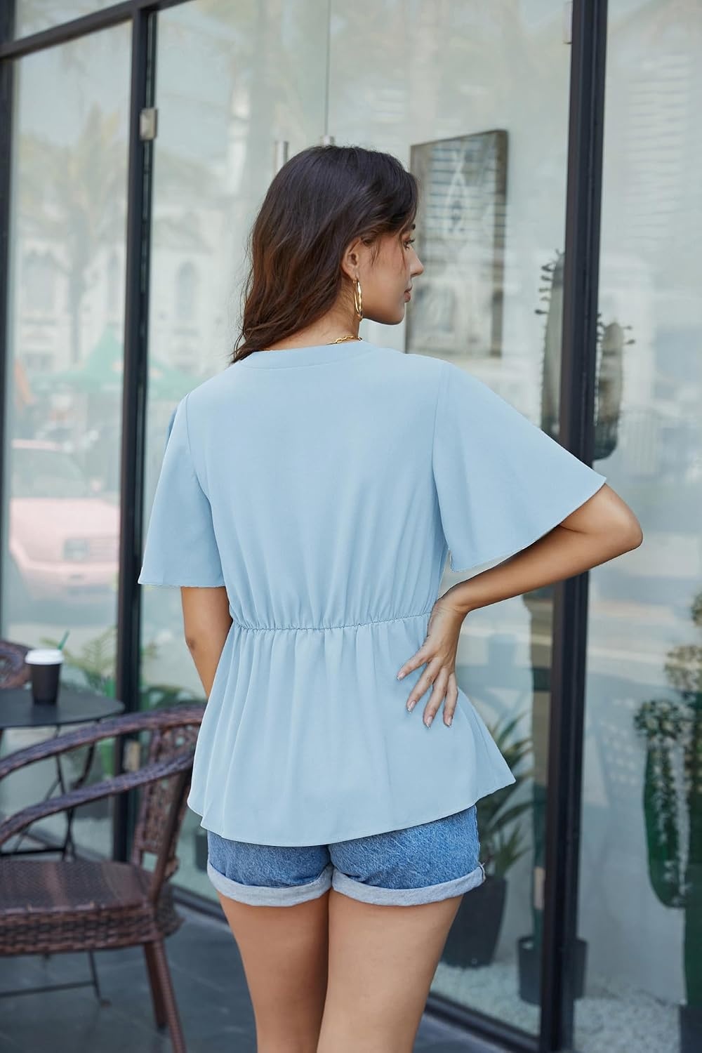 image:imageGRACE KARIN Womens Elegant VNeck Tie Waist Flowy Peplum Shirt Tops Flatters Pear amp Curvy Figures Soft Breathable Allday True to size Office to Weddings amp Weekend CasualsLight Blue