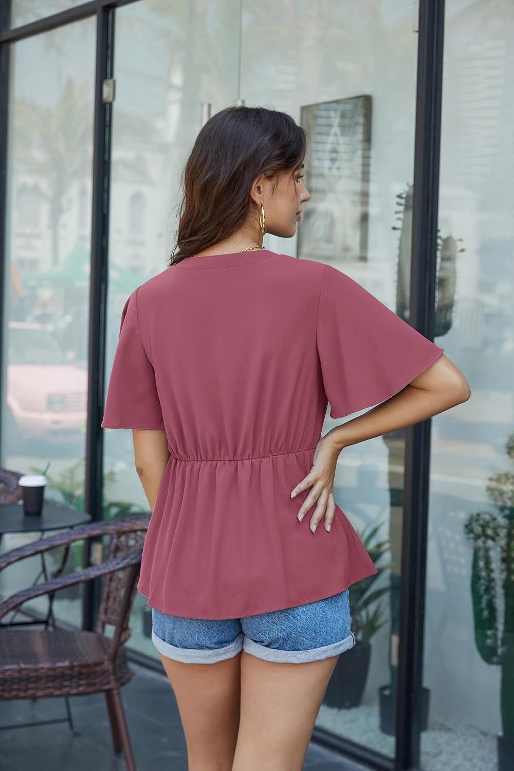 image:imageGRACE KARIN Womens Elegant VNeck Tie Waist Flowy Peplum Shirt Tops Flatters Pear amp Curvy Figures Soft Breathable Allday True to size Office to Weddings amp Weekend CasualsDark Pink