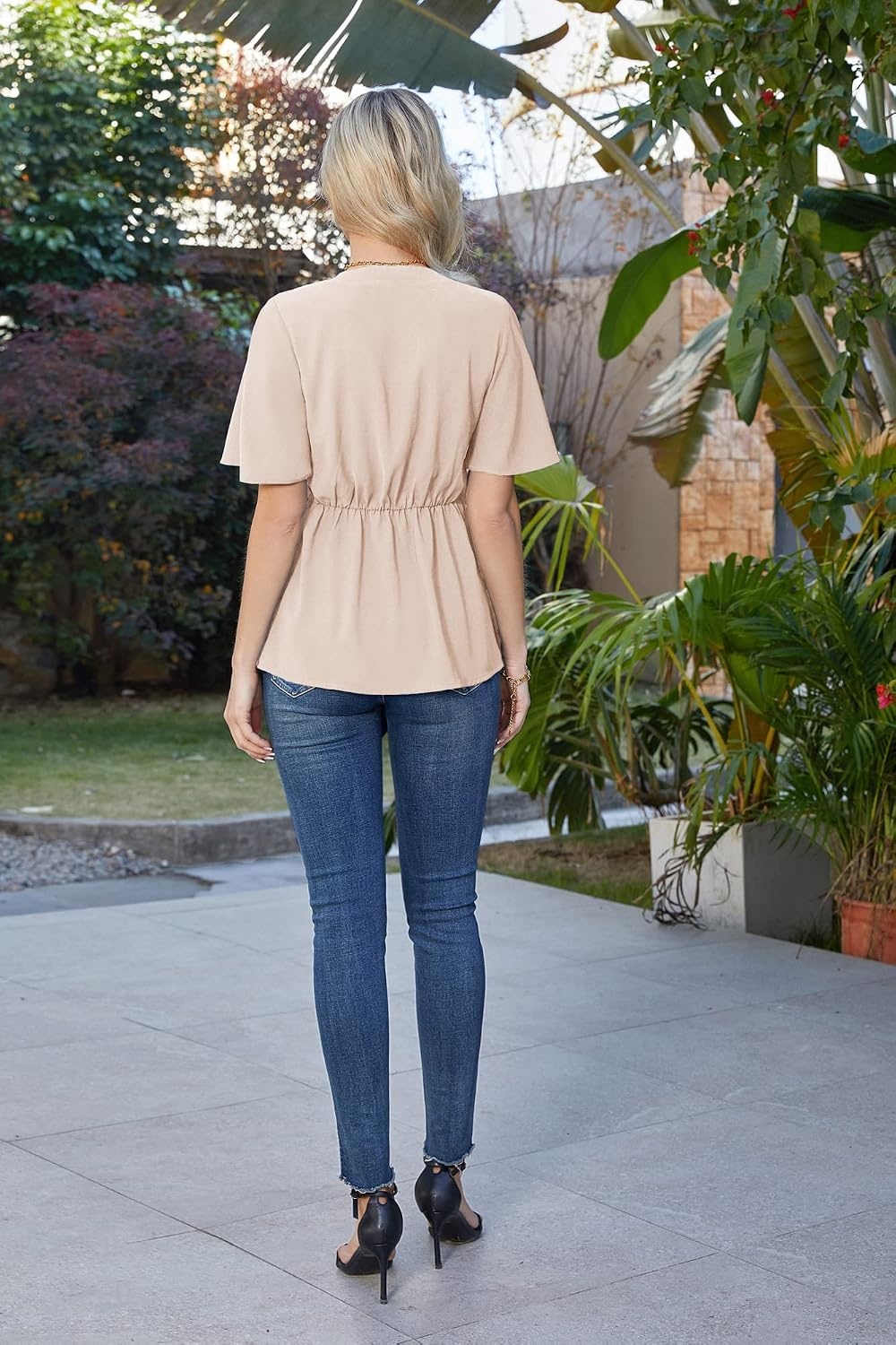 image:imageGRACE KARIN Womens Elegant VNeck Tie Waist Flowy Peplum Shirt Tops Flatters Pear amp Curvy Figures Soft Breathable Allday True to size Office to Weddings amp Weekend CasualsLight Khaki