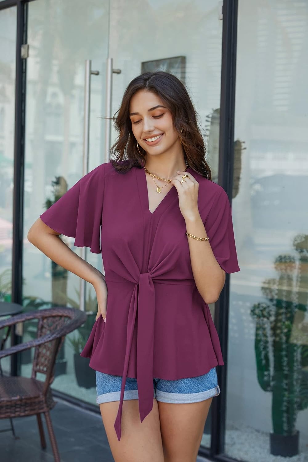 image:imageGRACE KARIN Womens Elegant VNeck Tie Waist Flowy Peplum Shirt Tops Flatters Pear amp Curvy Figures Soft Breathable Allday True to size Office to Weddings amp Weekend CasualsDark Rose Red