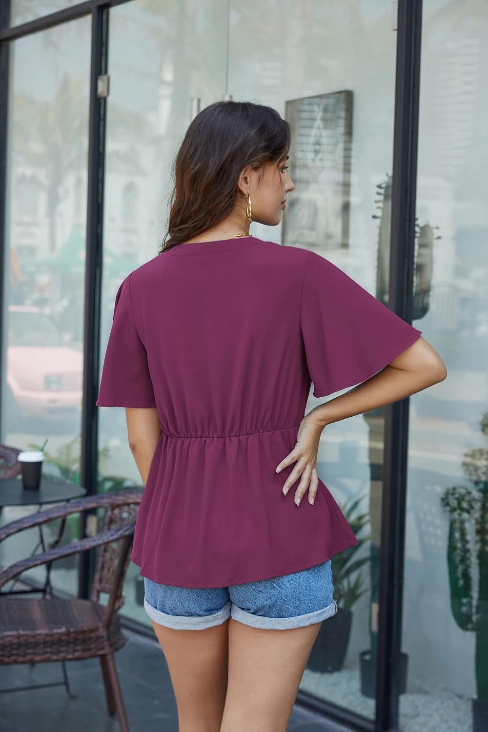 image:imageGRACE KARIN Womens Elegant VNeck Tie Waist Flowy Peplum Shirt Tops Flatters Pear amp Curvy Figures Soft Breathable Allday True to size Office to Weddings amp Weekend CasualsDark Rose Red