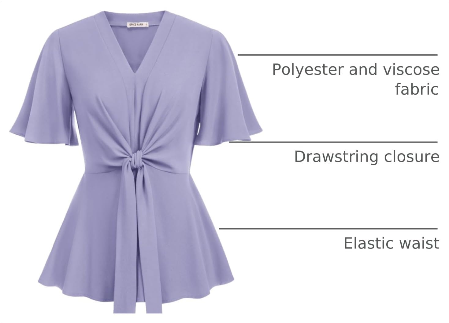 image:imageGRACE KARIN Womens Elegant VNeck Tie Waist Flowy Peplum Shirt Tops Flatters Pear amp Curvy Figures Soft Breathable Allday True to size Office to Weddings amp Weekend CasualsLilac