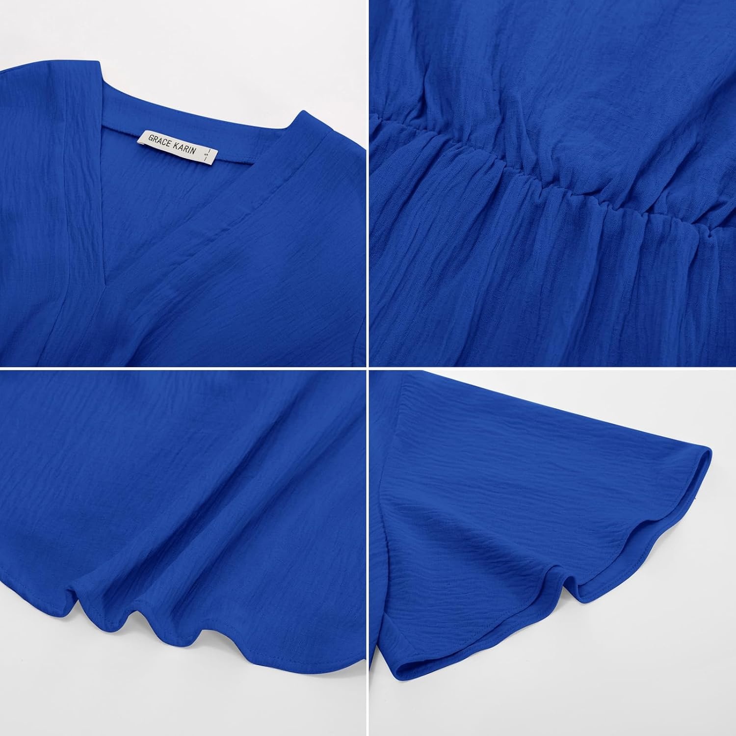image:imageGRACE KARIN Womens Elegant VNeck Tie Waist Flowy Peplum Shirt Tops Flatters Pear amp Curvy Figures Soft Breathable Allday True to size Office to Weddings amp Weekend CasualsCrinkly Royal Blue