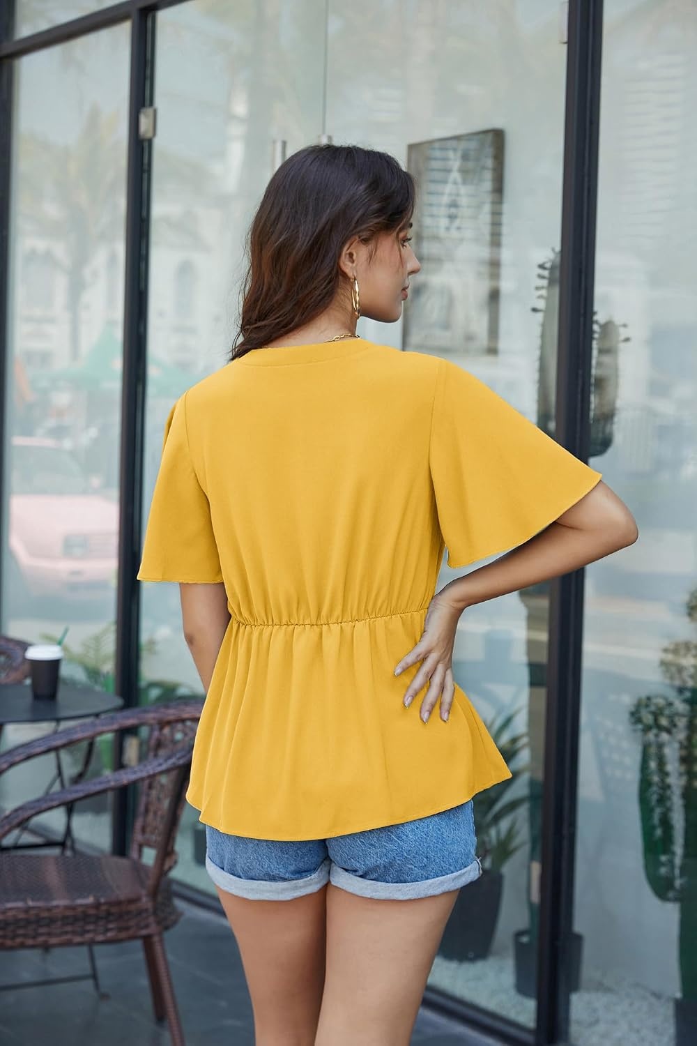 image:imageGRACE KARIN Womens Elegant VNeck Tie Waist Flowy Peplum Shirt Tops Flatters Pear amp Curvy Figures Soft Breathable Allday True to size Office to Weddings amp Weekend CasualsYellow