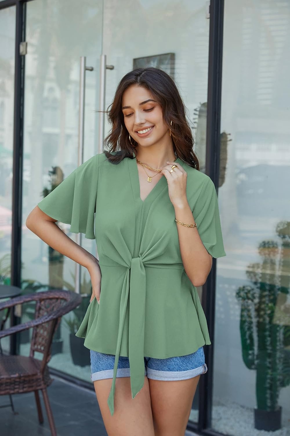 image:imageGRACE KARIN Womens Elegant VNeck Tie Waist Flowy Peplum Shirt Tops Flatters Pear amp Curvy Figures Soft Breathable Allday True to size Office to Weddings amp Weekend CasualsLight Green