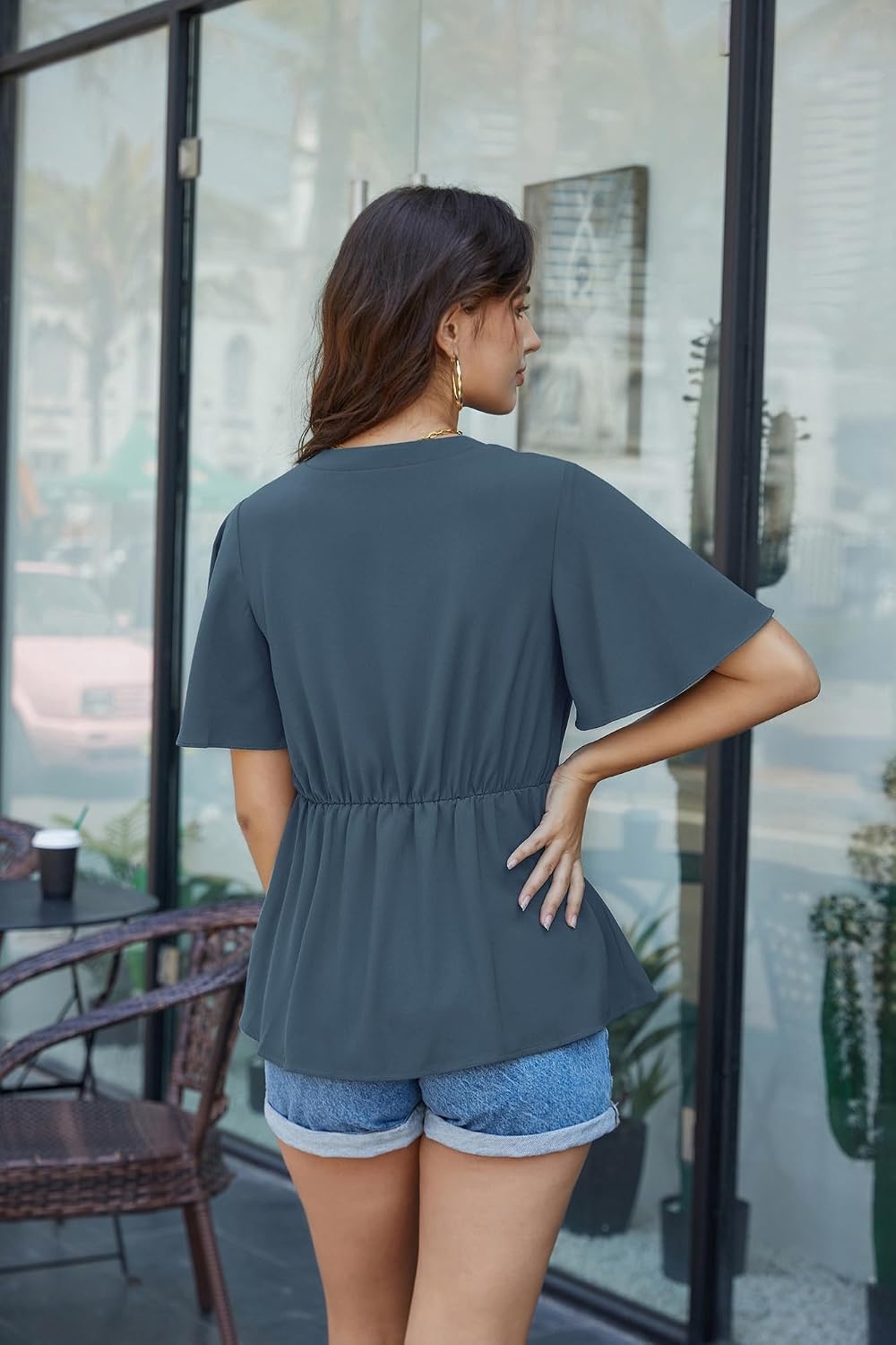 image:imageGRACE KARIN Womens Elegant VNeck Tie Waist Flowy Peplum Shirt Tops Flatters Pear amp Curvy Figures Soft Breathable Allday True to size Office to Weddings amp Weekend CasualsGrey Blue