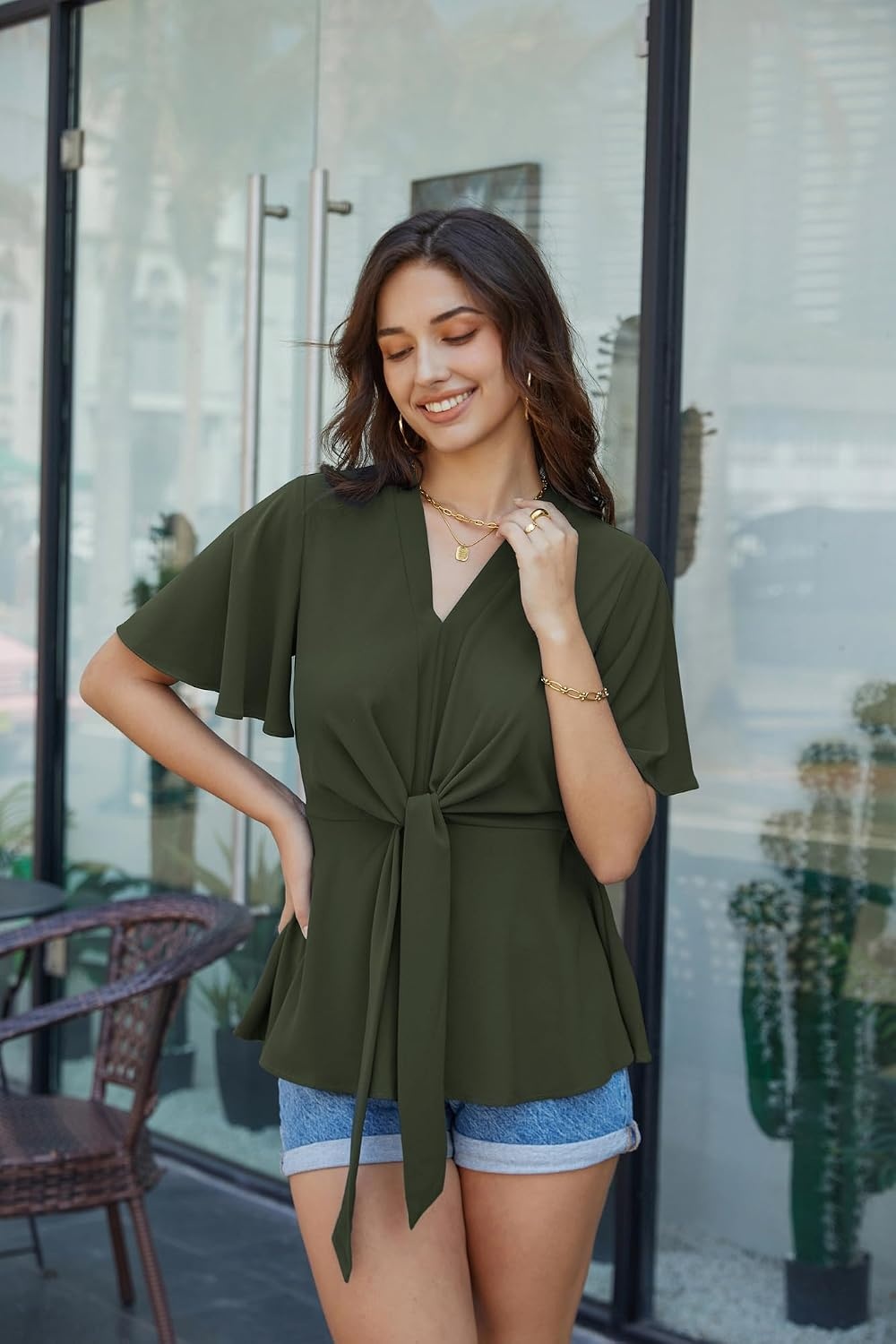 image:imageGRACE KARIN Womens Elegant VNeck Tie Waist Flowy Peplum Shirt Tops Flatters Pear amp Curvy Figures Soft Breathable Allday True to size Office to Weddings amp Weekend CasualsArmy Green