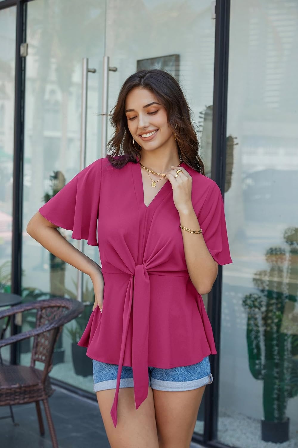 image:imageGRACE KARIN Womens Elegant VNeck Tie Waist Flowy Peplum Shirt Tops Flatters Pear amp Curvy Figures Soft Breathable Allday True to size Office to Weddings amp Weekend CasualsRose Red
