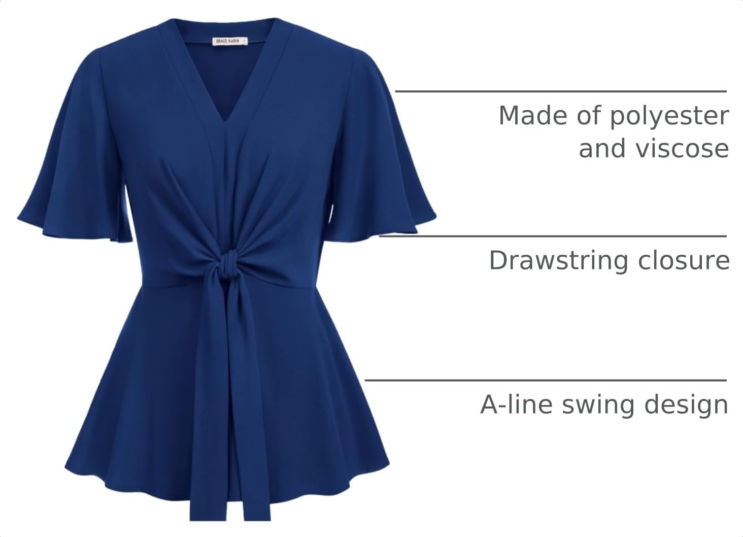 image:imageGRACE KARIN Womens Elegant VNeck Tie Waist Flowy Peplum Shirt Tops Flatters Pear amp Curvy Figures Soft Breathable Allday True to size Office to Weddings amp Weekend CasualsNavy Blue