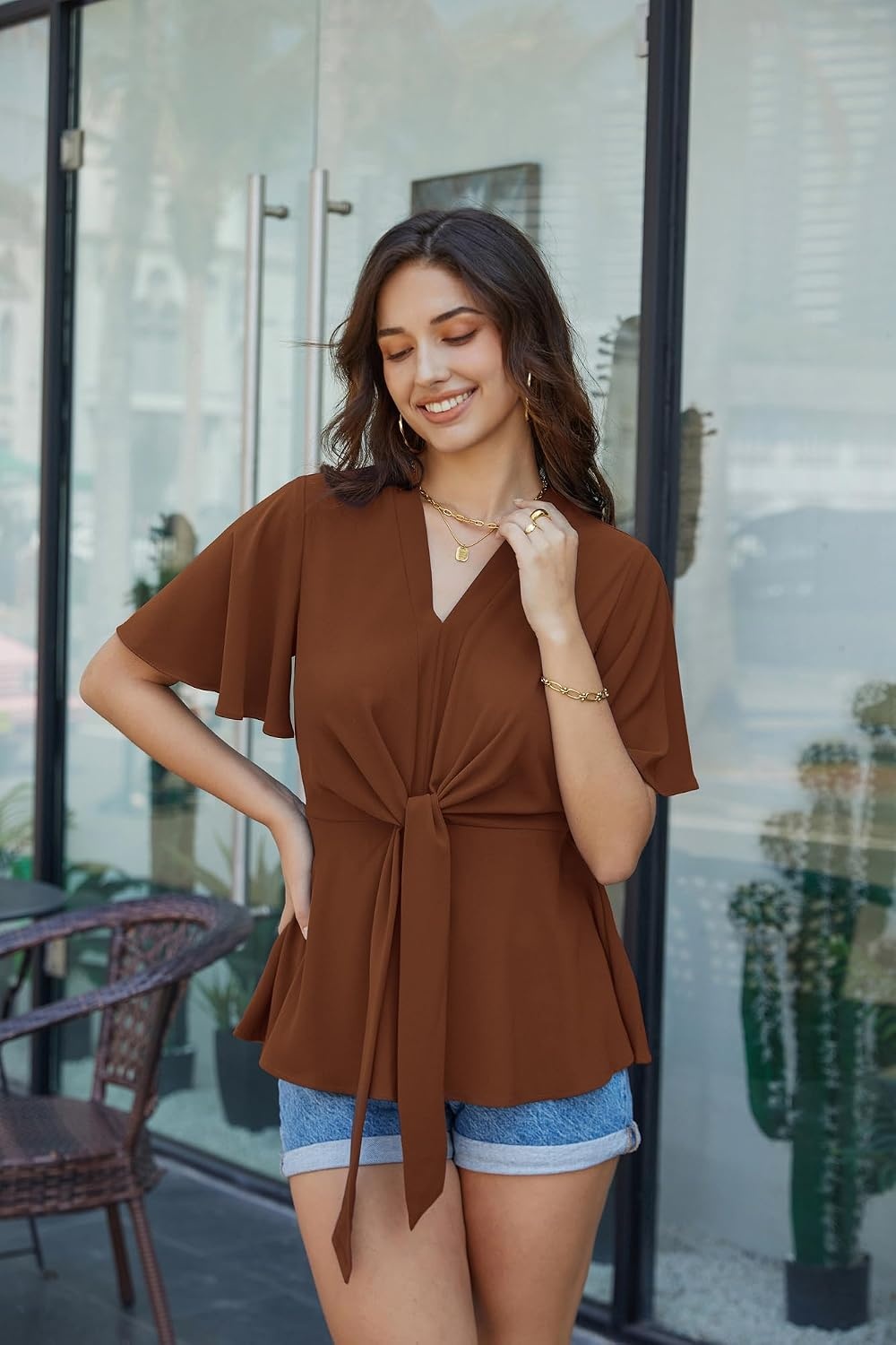 image:imageGRACE KARIN Womens Elegant VNeck Tie Waist Flowy Peplum Shirt Tops Flatters Pear amp Curvy Figures Soft Breathable Allday True to size Office to Weddings amp Weekend CasualsBrown
