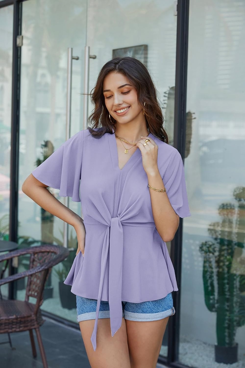 image:imageGRACE KARIN Womens Elegant VNeck Tie Waist Flowy Peplum Shirt Tops Flatters Pear amp Curvy Figures Soft Breathable Allday True to size Office to Weddings amp Weekend CasualsLilac