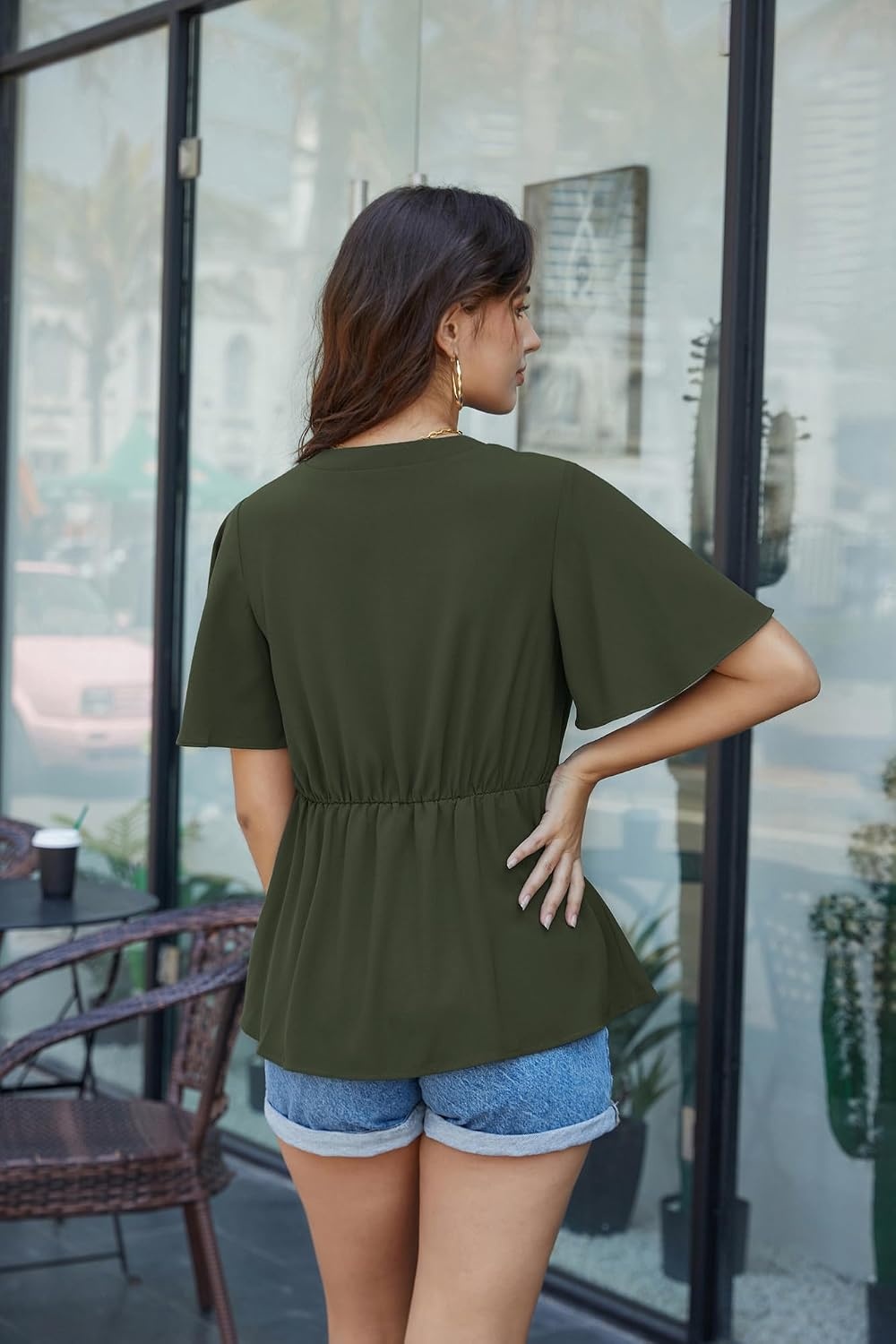 image:imageGRACE KARIN Womens Elegant VNeck Tie Waist Flowy Peplum Shirt Tops Flatters Pear amp Curvy Figures Soft Breathable Allday True to size Office to Weddings amp Weekend CasualsArmy Green