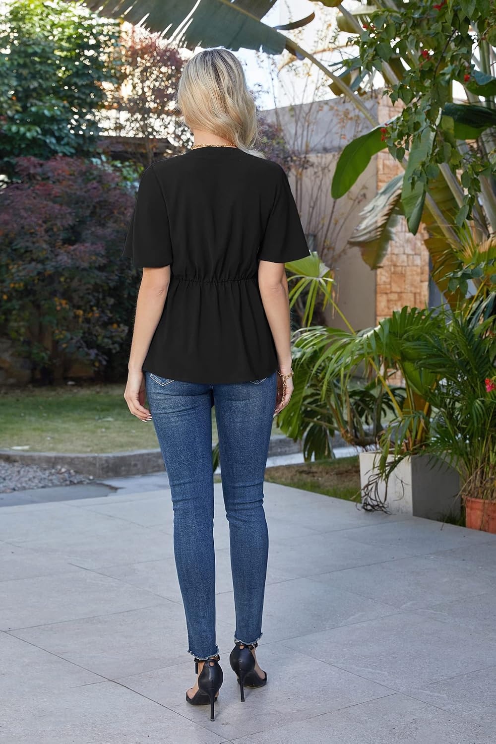 image:imageGRACE KARIN Womens Elegant VNeck Tie Waist Flowy Peplum Shirt Tops Flatters Pear amp Curvy Figures Soft Breathable Allday True to size Office to Weddings amp Weekend CasualsBlack