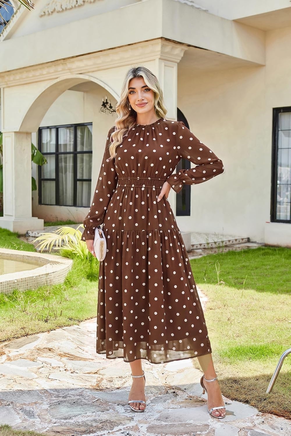 image:imageGRACE KARIN Womens Floral Long Sleeve Fall Wedding Guest Maxi Dress 2026 ChiffonSide PocketsMock NeckSmocked TiededA Line Flowy Outfits Suitable for Semi FormalPartyCocktailBohoBrown Polka Dots