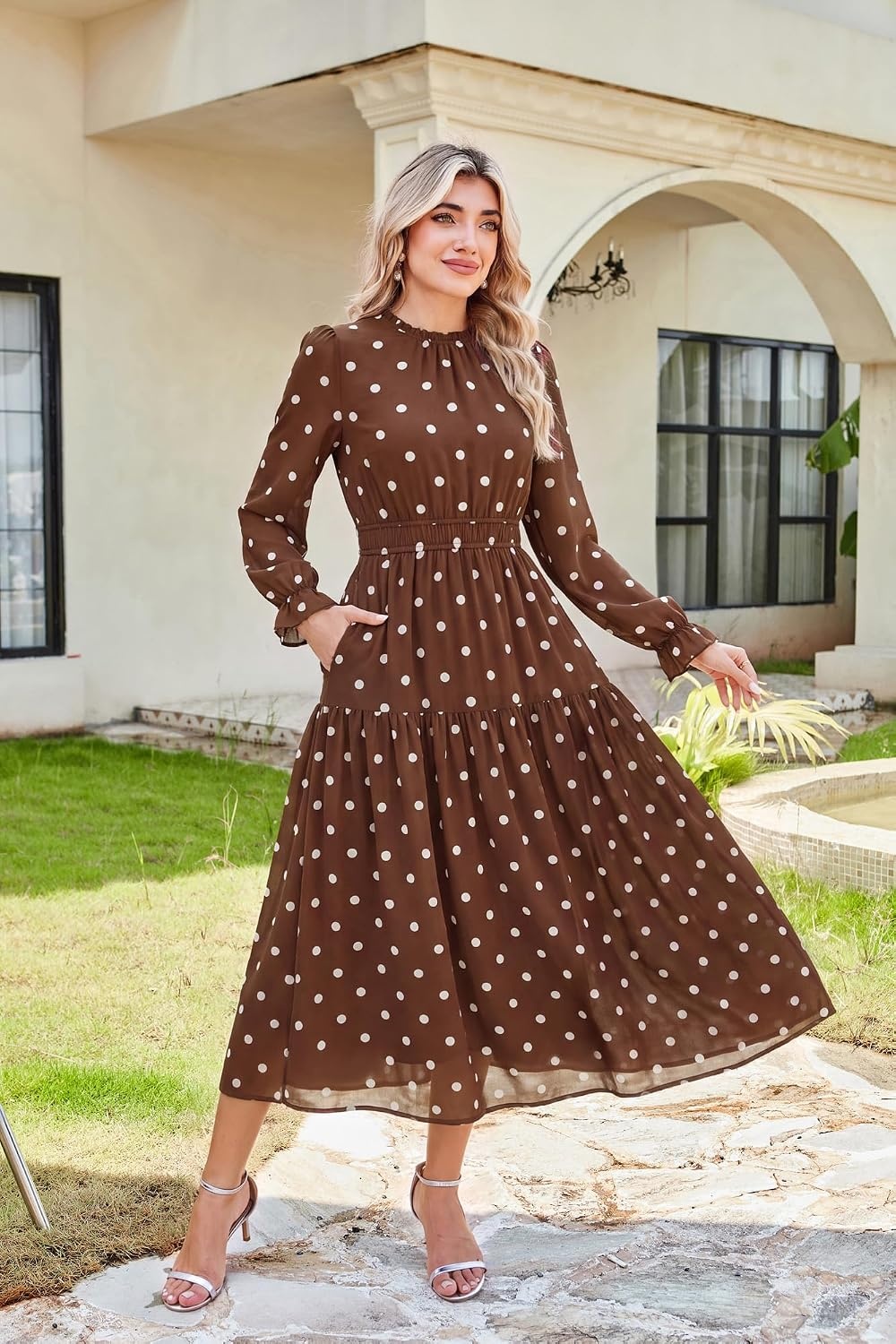 image:imageGRACE KARIN Womens Floral Long Sleeve Fall Wedding Guest Maxi Dress 2026 ChiffonSide PocketsMock NeckSmocked TiededA Line Flowy Outfits Suitable for Semi FormalPartyCocktailBohoBrown Polka Dots