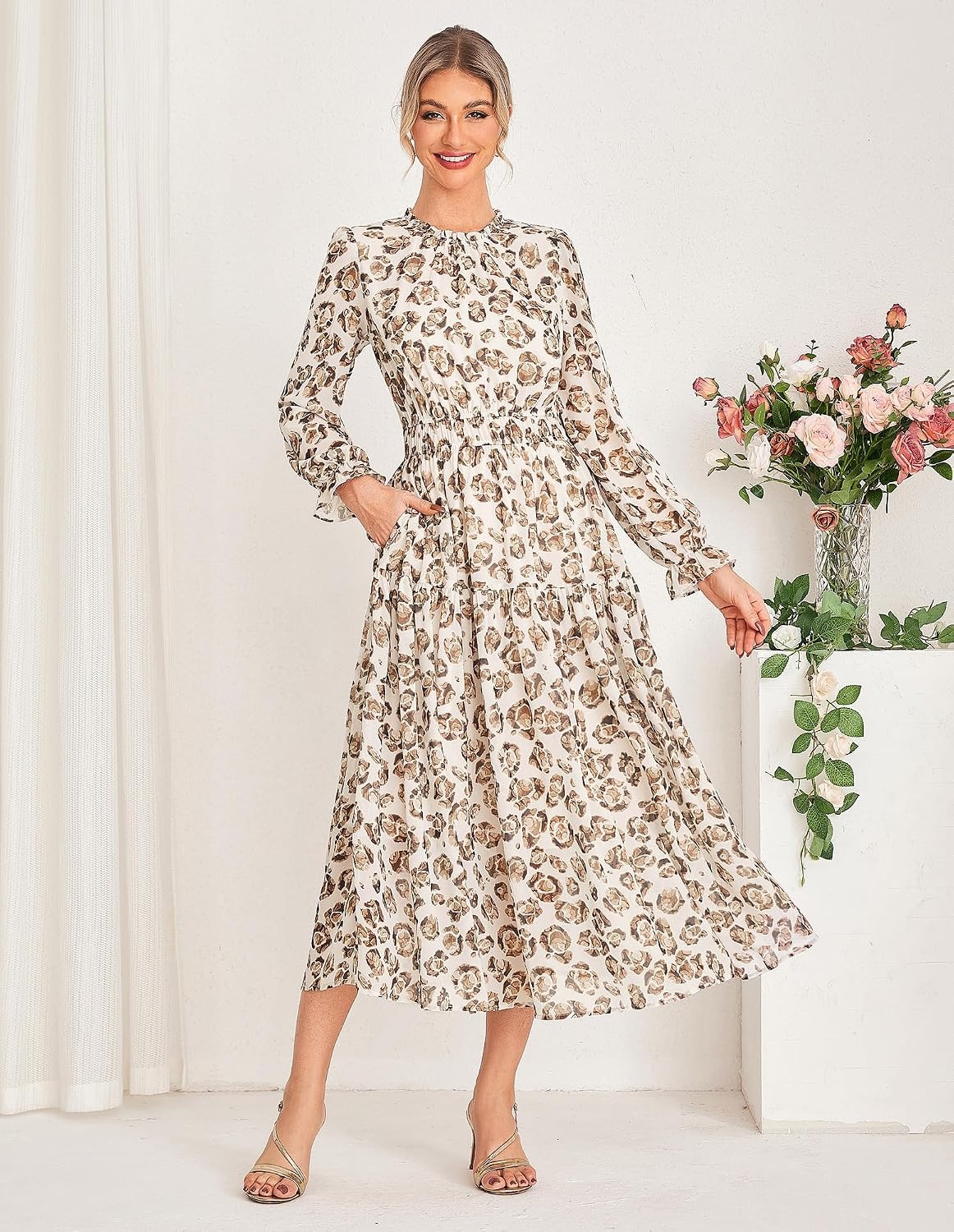 image:imageGRACE KARIN Womens Floral Long Sleeve Fall Wedding Guest Maxi Dress 2026 ChiffonSide PocketsMock NeckSmocked TiededA Line Flowy Outfits Suitable for Semi FormalPartyCocktailBohoBeige and Leopard