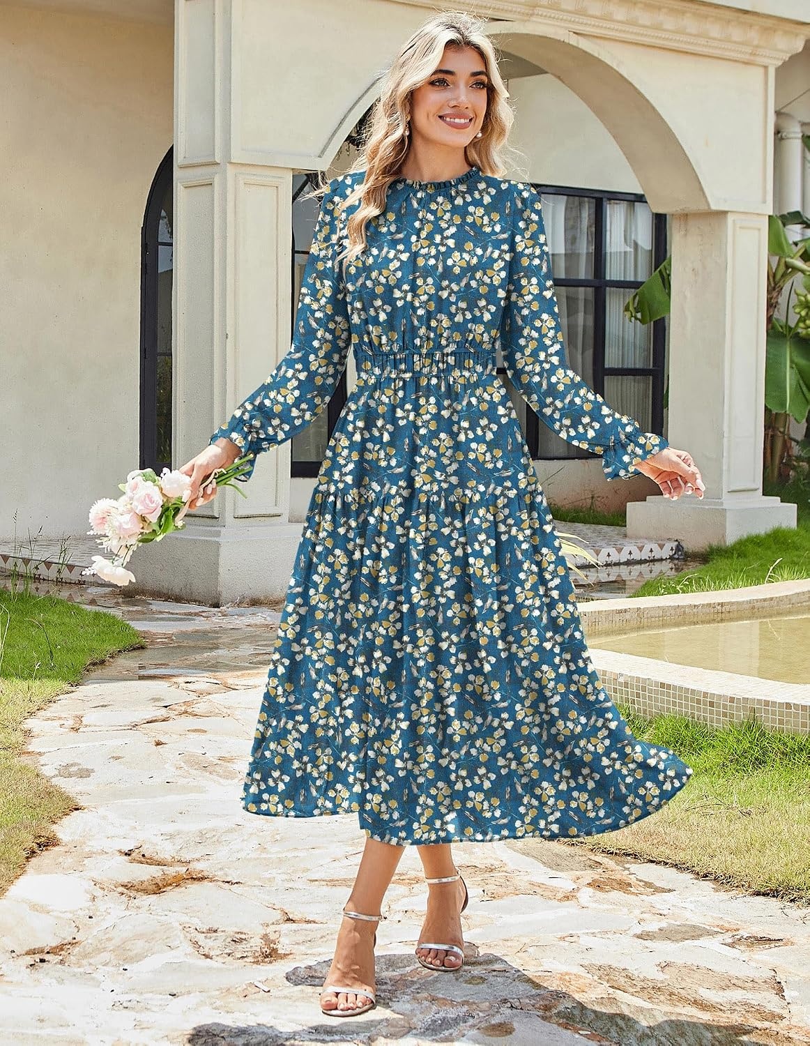 image:imageGRACE KARIN Womens Floral Long Sleeve Fall Wedding Guest Maxi Dress 2026 ChiffonSide PocketsMock NeckSmocked TiededA Line Flowy Outfits Suitable for Semi FormalPartyCocktailBohoBlue Green and Yellow Floral