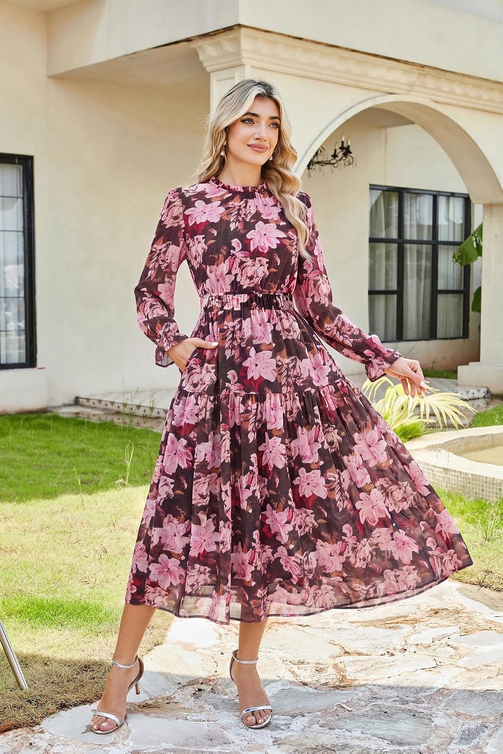 image:imageGRACE KARIN Womens Floral Long Sleeve Fall Wedding Guest Maxi Dress 2026 ChiffonSide PocketsMock NeckSmocked TiededA Line Flowy Outfits Suitable for Semi FormalPartyCocktailBohoBrown Pink Floral