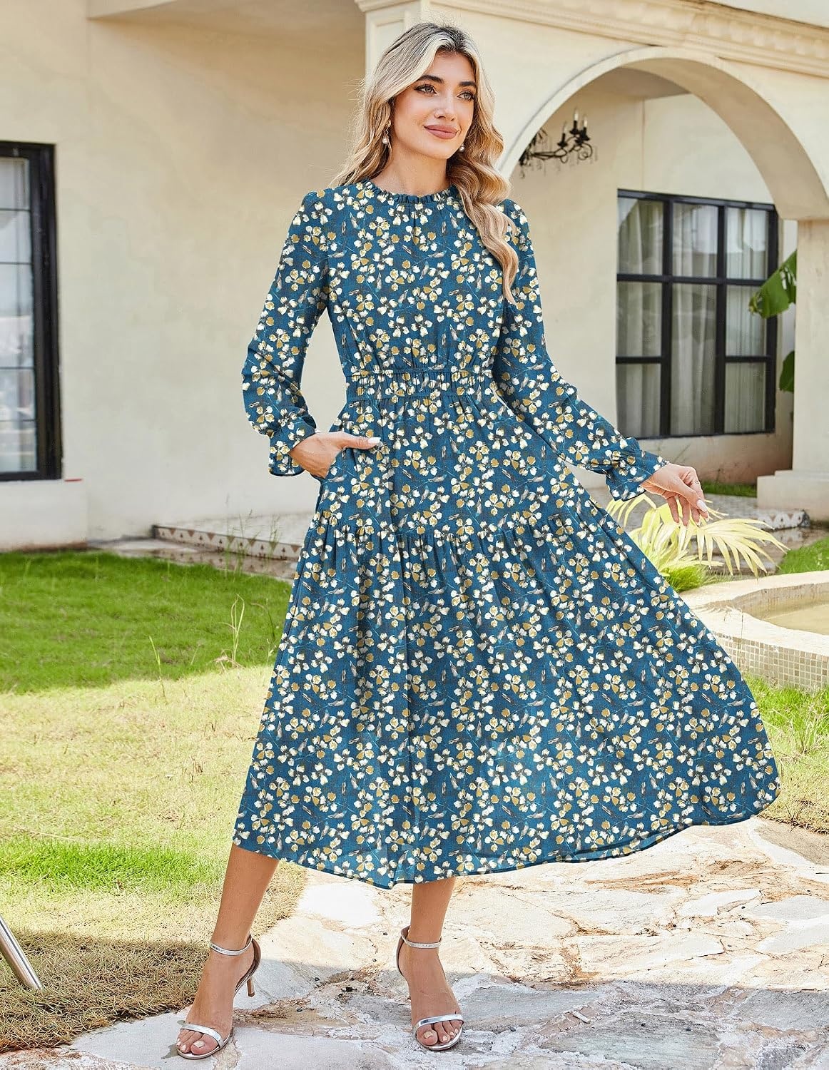 image:imageGRACE KARIN Womens Floral Long Sleeve Fall Wedding Guest Maxi Dress 2026 ChiffonSide PocketsMock NeckSmocked TiededA Line Flowy Outfits Suitable for Semi FormalPartyCocktailBohoBlue Green and Yellow Floral