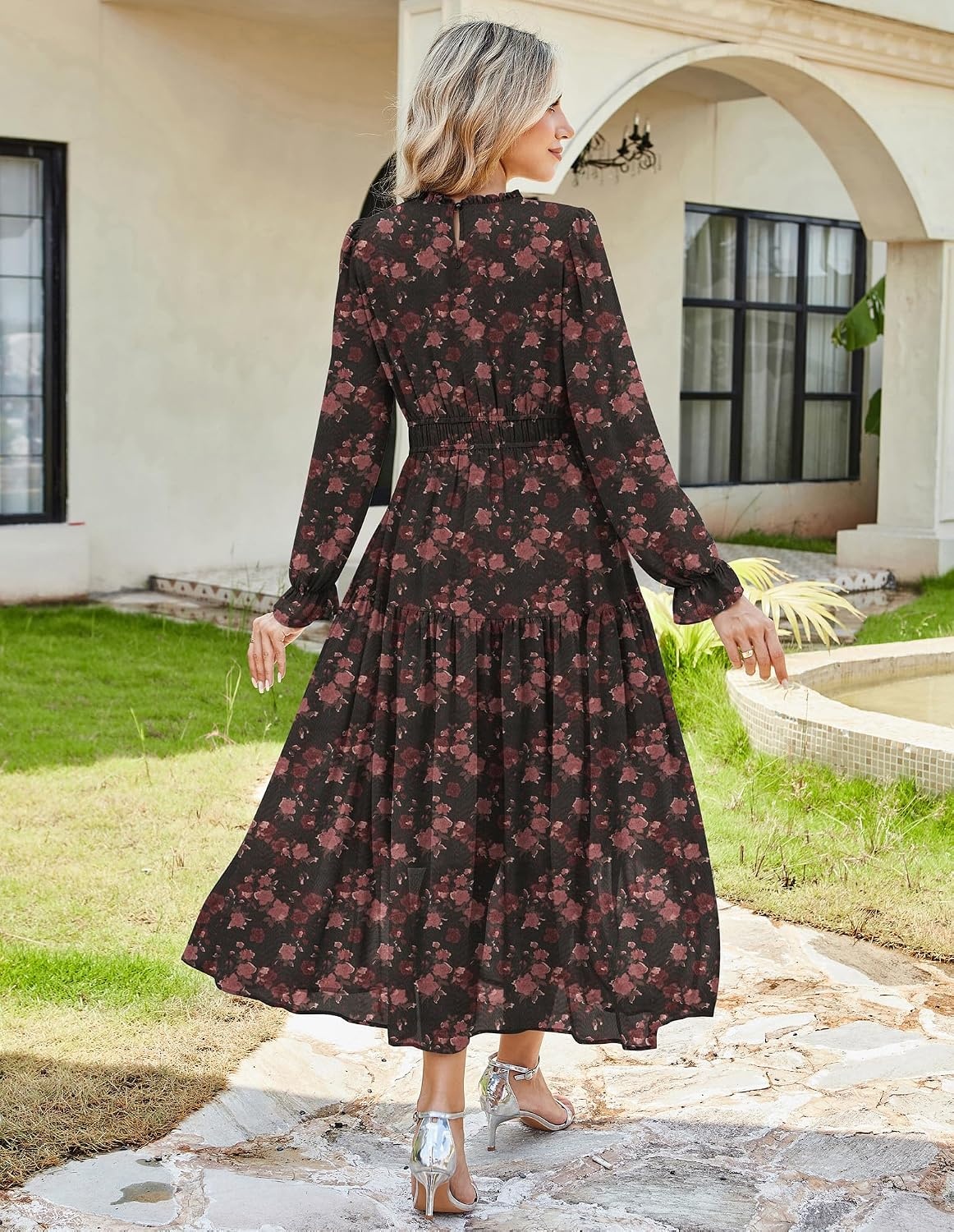 image:imageGRACE KARIN Womens Floral Long Sleeve Fall Wedding Guest Maxi Dress 2026 ChiffonSide PocketsMock NeckSmocked TiededA Line Flowy Outfits Suitable for Semi FormalPartyCocktailBohoBlack and Pink Floral