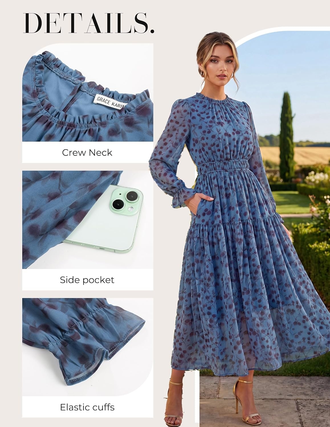 image:imageGRACE KARIN Womens Floral Long Sleeve Fall Wedding Guest Maxi Dress 2026 ChiffonSide PocketsMock NeckSmocked TiededA Line Flowy Outfits Suitable for Semi FormalPartyCocktailBohoPeacock Blue and Floral