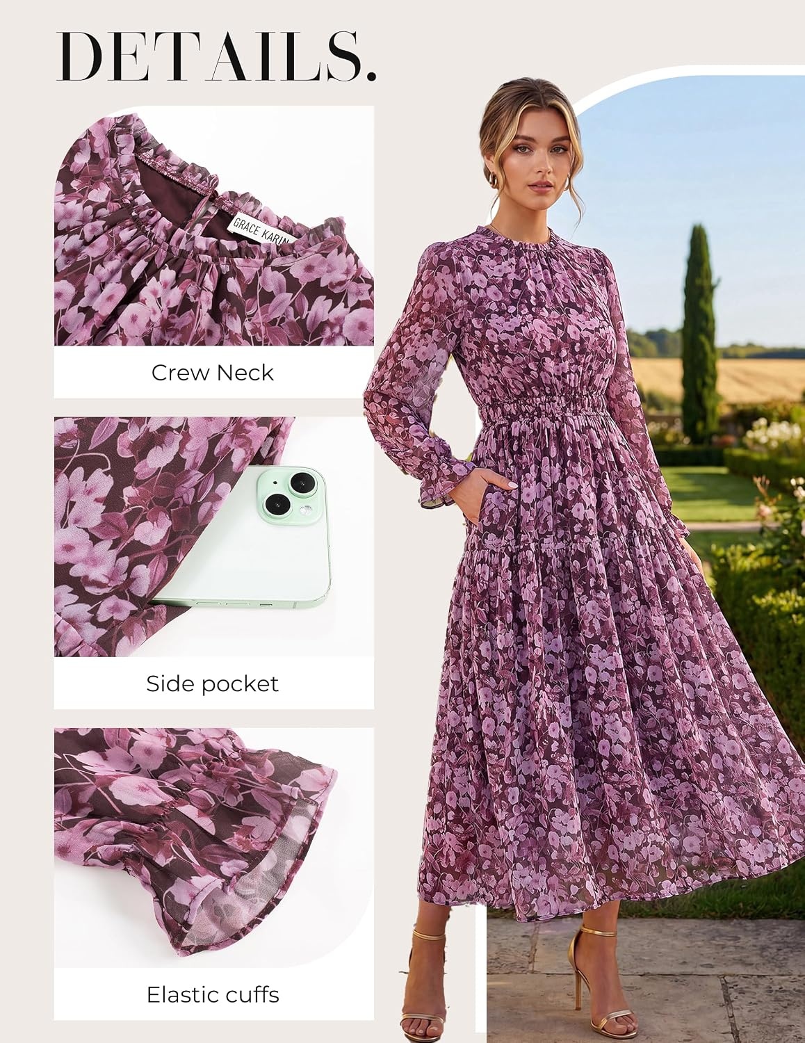 image:imageGRACE KARIN Womens Floral Long Sleeve Fall Wedding Guest Maxi Dress 2026 ChiffonSide PocketsMock NeckSmocked TiededA Line Flowy Outfits Suitable for Semi FormalPartyCocktailBohoPurple Floral
