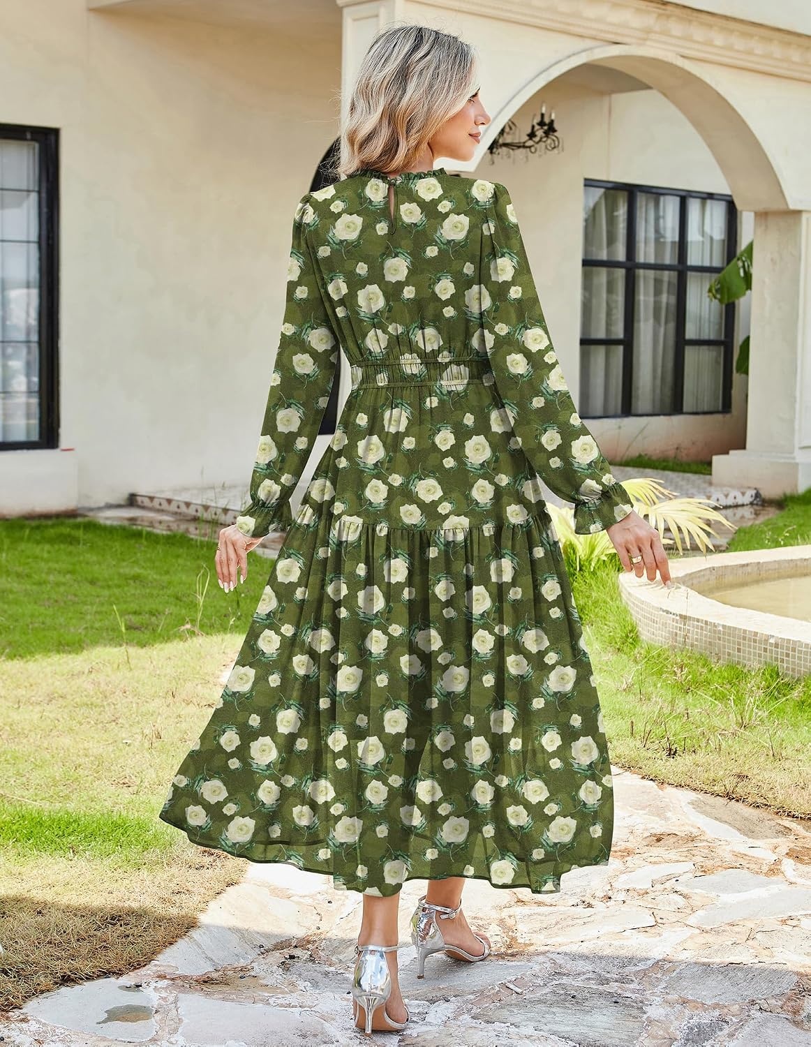image:imageGRACE KARIN Womens Floral Long Sleeve Fall Wedding Guest Maxi Dress 2026 ChiffonSide PocketsMock NeckSmocked TiededA Line Flowy Outfits Suitable for Semi FormalPartyCocktailBohoGreen and White Floral