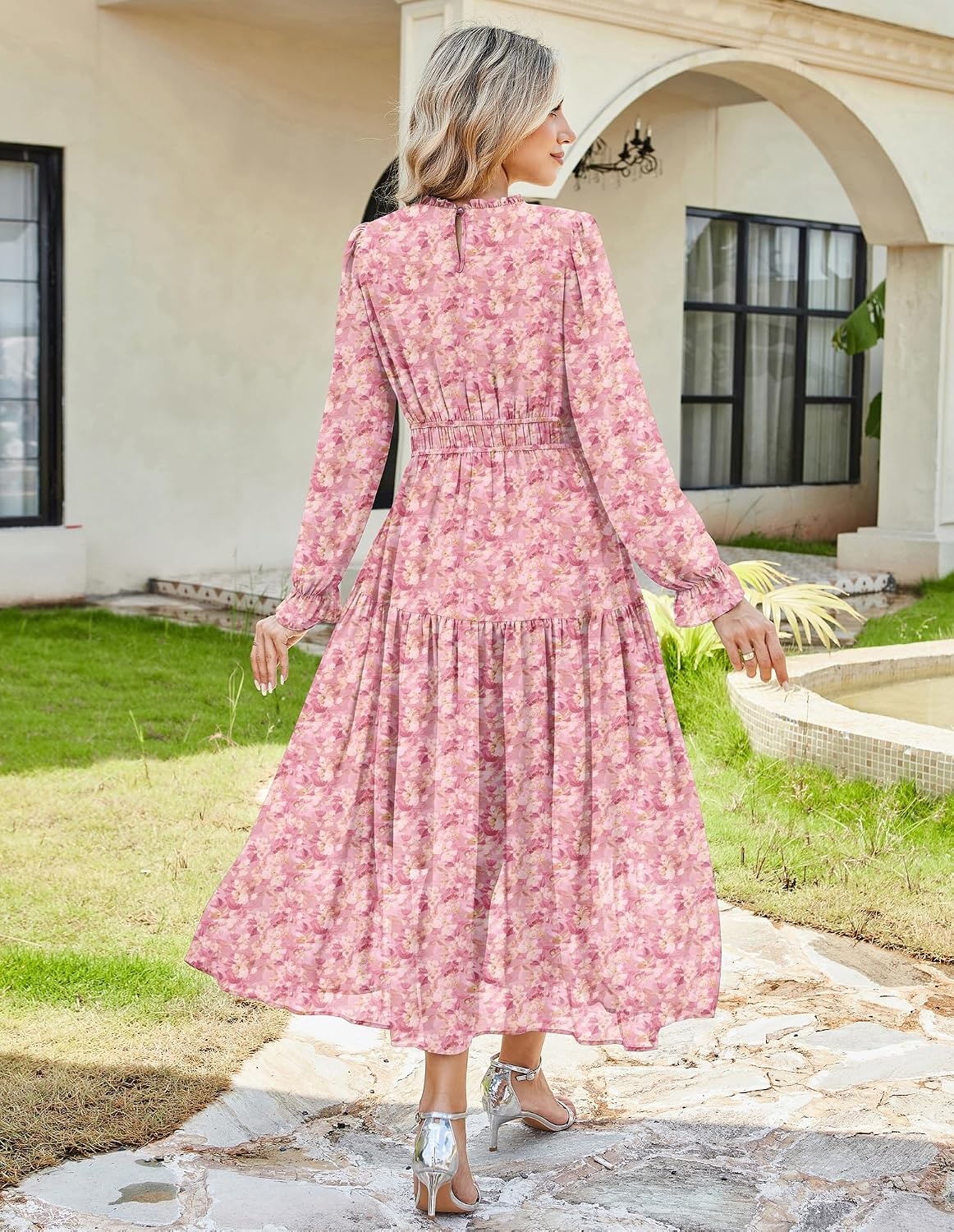 image:imageGRACE KARIN Womens Floral Long Sleeve Fall Wedding Guest Maxi Dress 2026 ChiffonSide PocketsMock NeckSmocked TiededA Line Flowy Outfits Suitable for Semi FormalPartyCocktailBohoPink and Yellow White Floral
