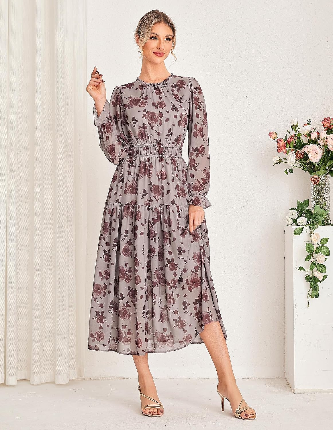 image:imageGRACE KARIN Womens Floral Long Sleeve Fall Wedding Guest Maxi Dress 2026 ChiffonSide PocketsMock NeckSmocked TiededA Line Flowy Outfits Suitable for Semi FormalPartyCocktailBohoDark Khaki and Flower