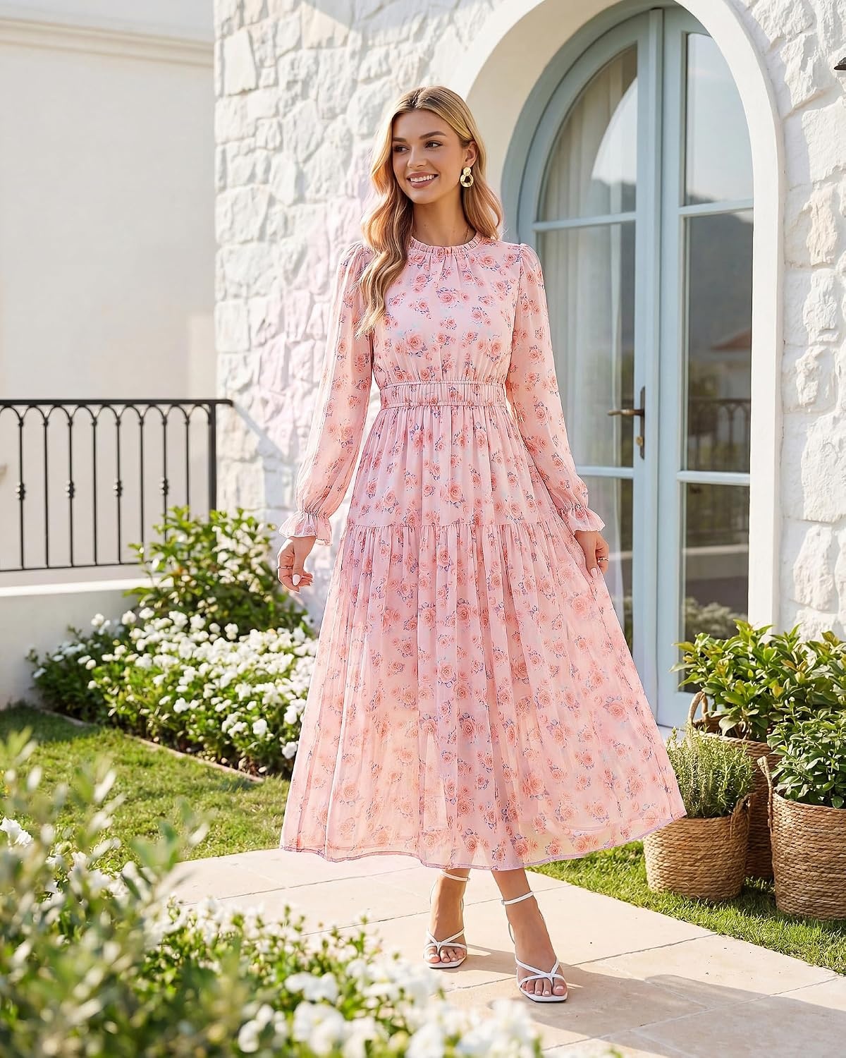 image:imageGRACE KARIN Womens Floral Long Sleeve Fall Wedding Guest Maxi Dress 2026 ChiffonSide PocketsMock NeckSmocked TiededA Line Flowy Outfits Suitable for Semi FormalPartyCocktailBohoPink Floral