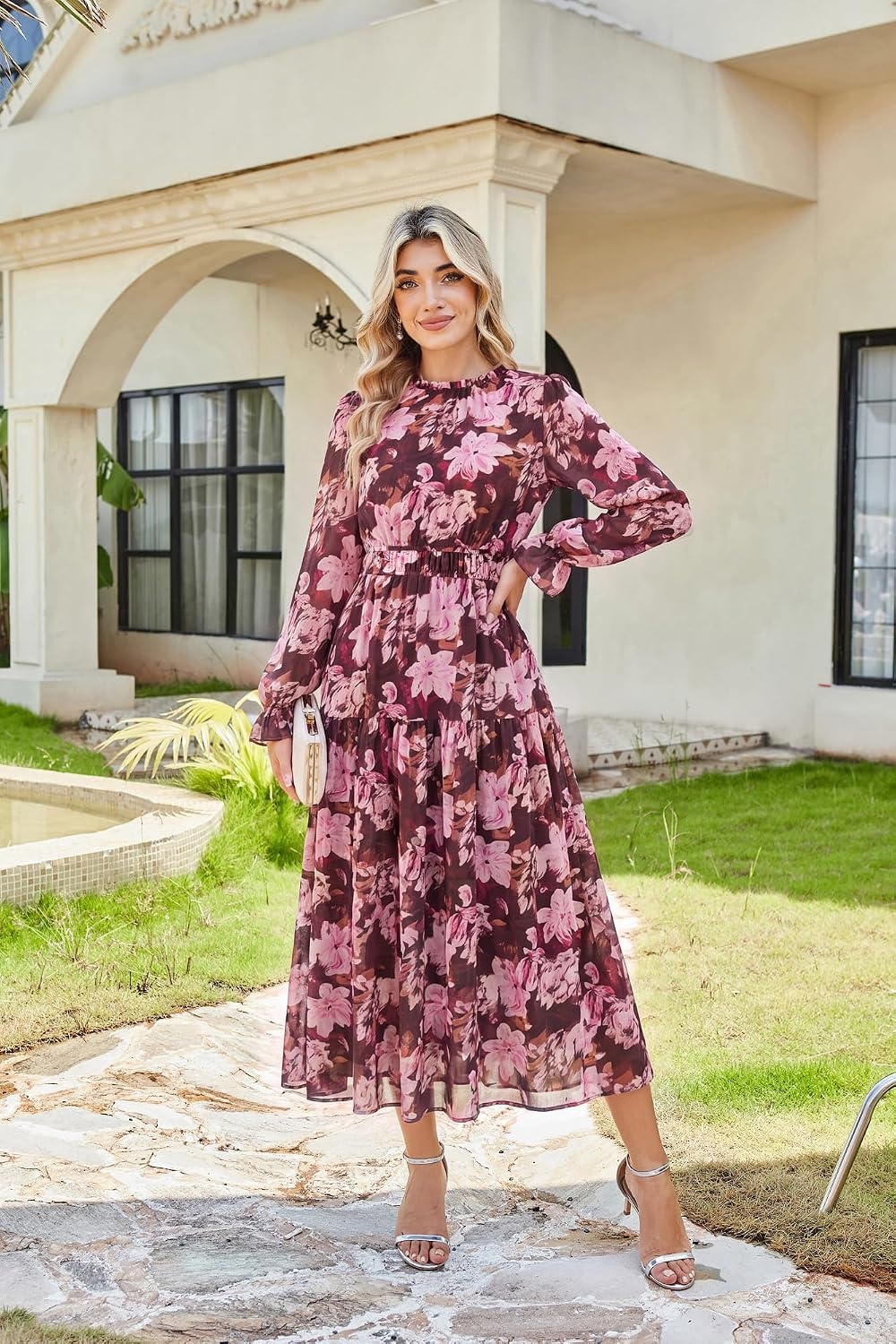 image:imageGRACE KARIN Womens Floral Long Sleeve Fall Wedding Guest Maxi Dress 2026 ChiffonSide PocketsMock NeckSmocked TiededA Line Flowy Outfits Suitable for Semi FormalPartyCocktailBohoBrown Pink Floral