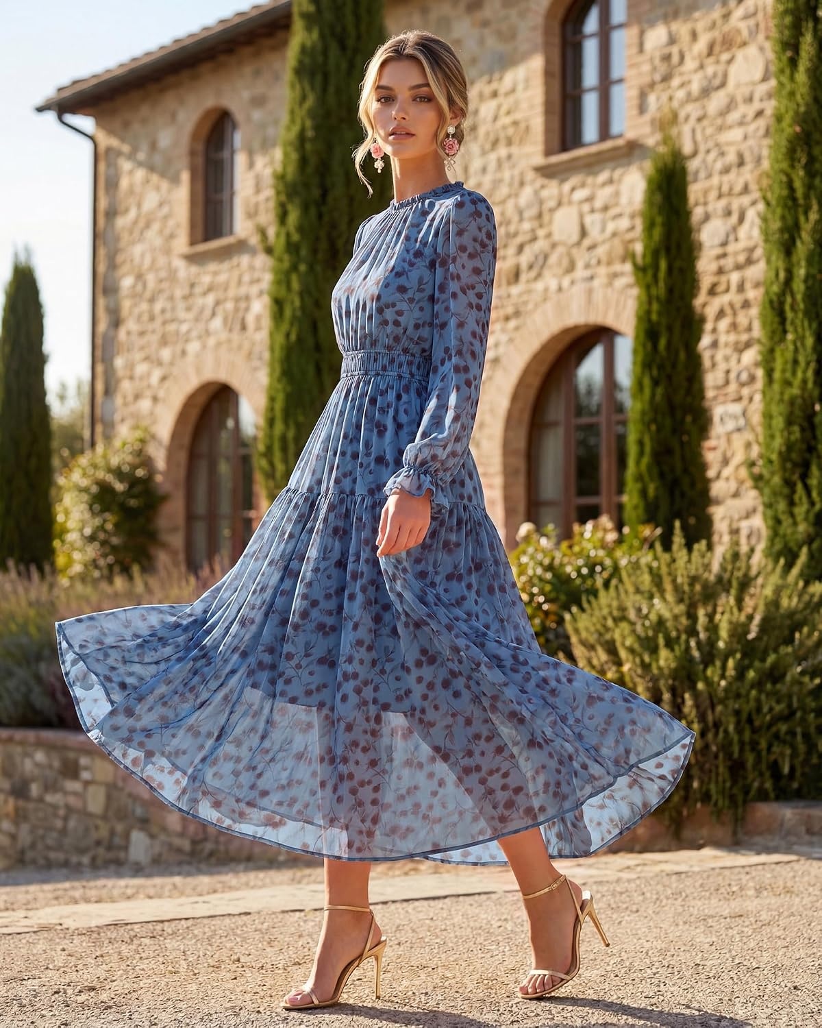 image:imageGRACE KARIN Womens Floral Long Sleeve Fall Wedding Guest Maxi Dress 2026 ChiffonSide PocketsMock NeckSmocked TiededA Line Flowy Outfits Suitable for Semi FormalPartyCocktailBohoPeacock Blue and Floral