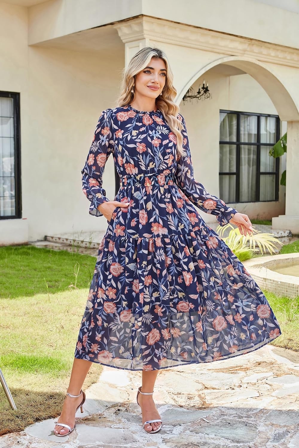 image:imageGRACE KARIN Womens Floral Long Sleeve Fall Wedding Guest Maxi Dress 2026 ChiffonSide PocketsMock NeckSmocked TiededA Line Flowy Outfits Suitable for Semi FormalPartyCocktailBohoBlue Floral
