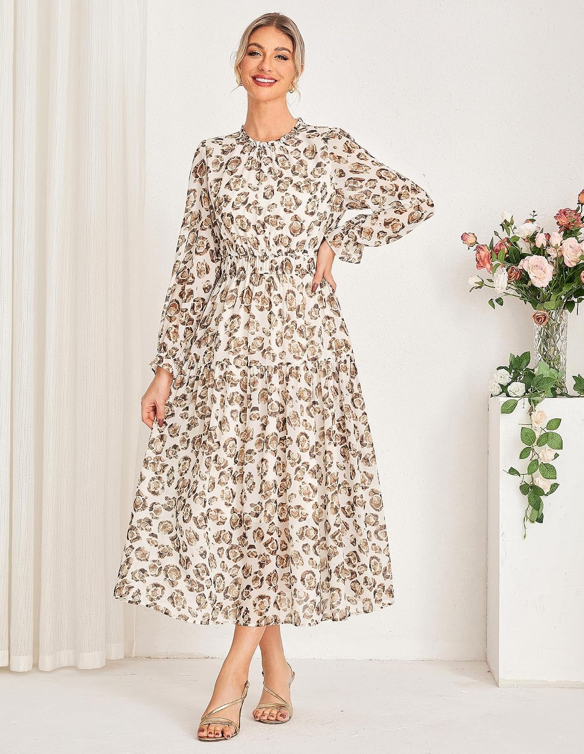image:imageGRACE KARIN Womens Floral Long Sleeve Fall Wedding Guest Maxi Dress 2026 ChiffonSide PocketsMock NeckSmocked TiededA Line Flowy Outfits Suitable for Semi FormalPartyCocktailBohoBeige and Leopard