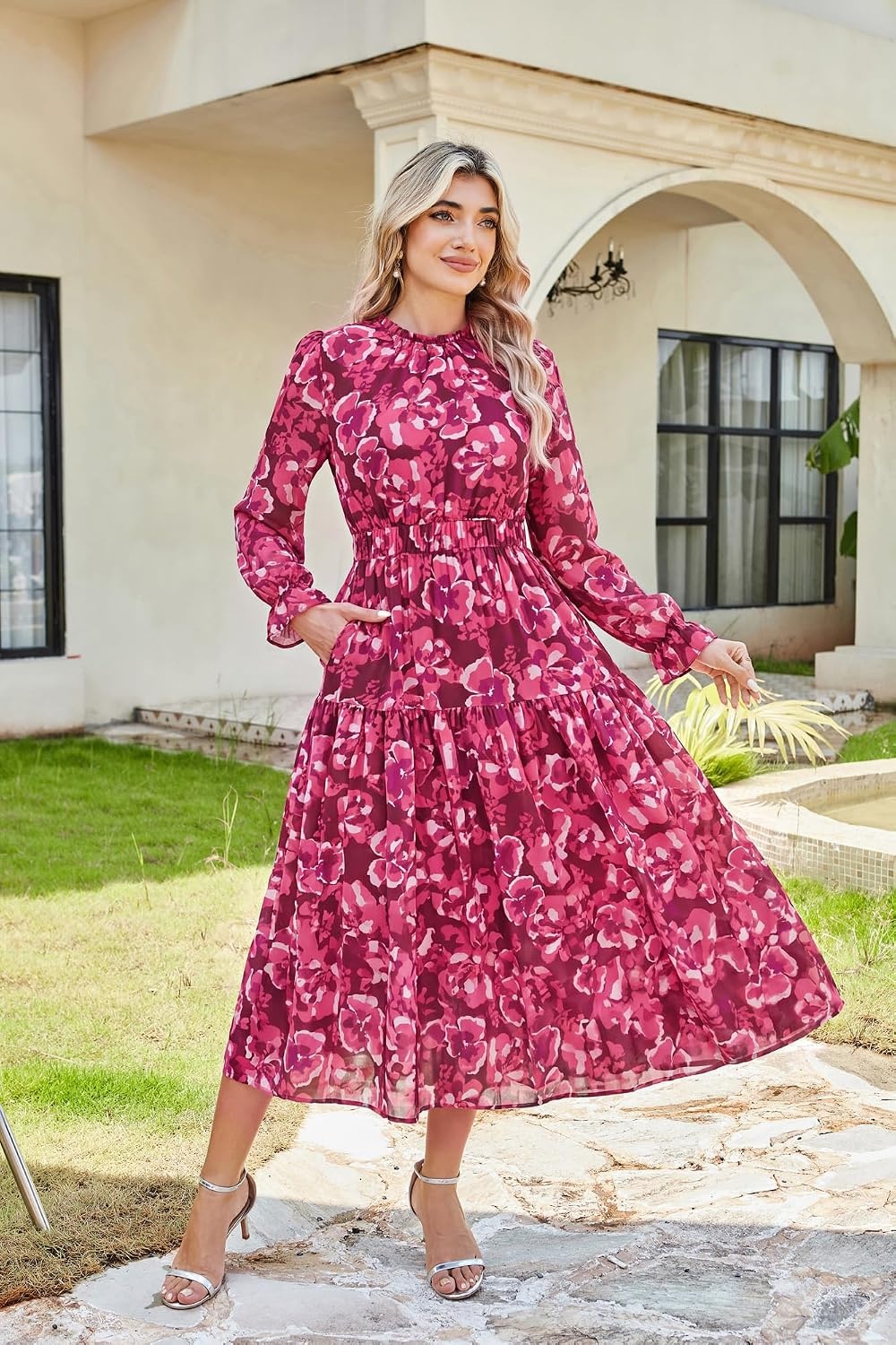 image:imageGRACE KARIN Womens Floral Long Sleeve Fall Wedding Guest Maxi Dress 2026 ChiffonSide PocketsMock NeckSmocked TiededA Line Flowy Outfits Suitable for Semi FormalPartyCocktailBohoRed Floral