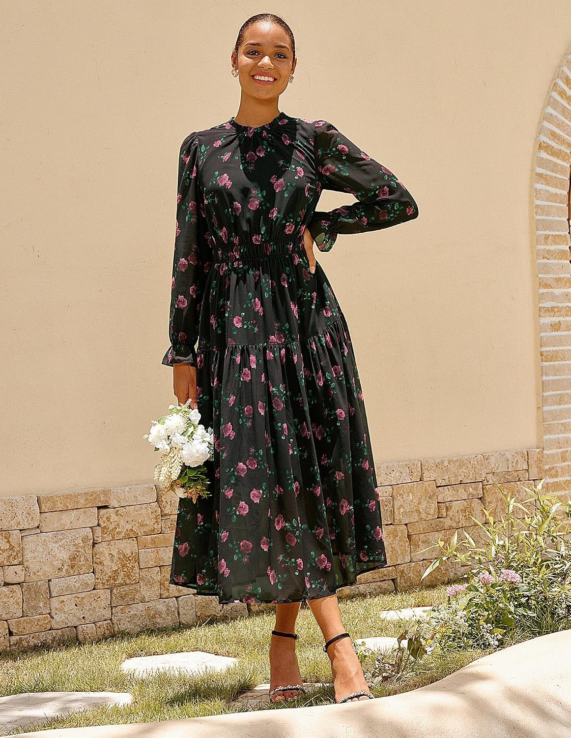 image:imageGRACE KARIN Womens Floral Long Sleeve Fall Wedding Guest Maxi Dress 2026 ChiffonSide PocketsMock NeckSmocked TiededA Line Flowy Outfits Suitable for Semi FormalPartyCocktailBohoBlack Flower