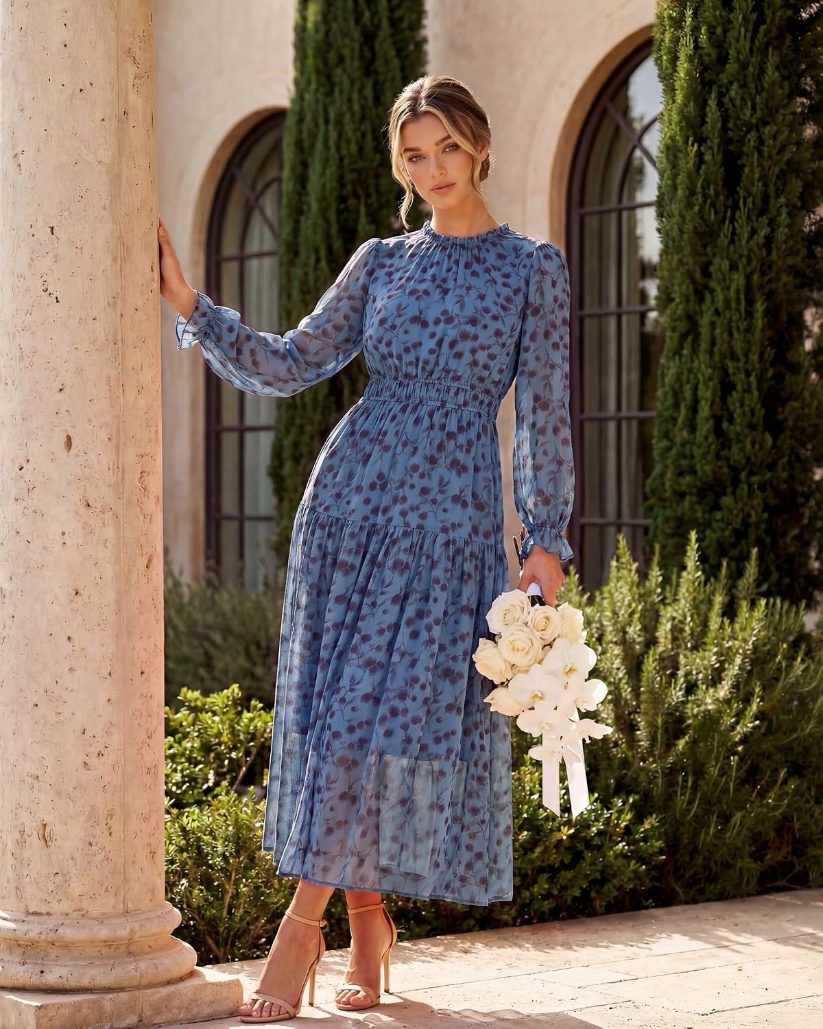 image:imageGRACE KARIN Womens Floral Long Sleeve Fall Wedding Guest Maxi Dress 2026 ChiffonSide PocketsMock NeckSmocked TiededA Line Flowy Outfits Suitable for Semi FormalPartyCocktailBohoPeacock Blue and Floral