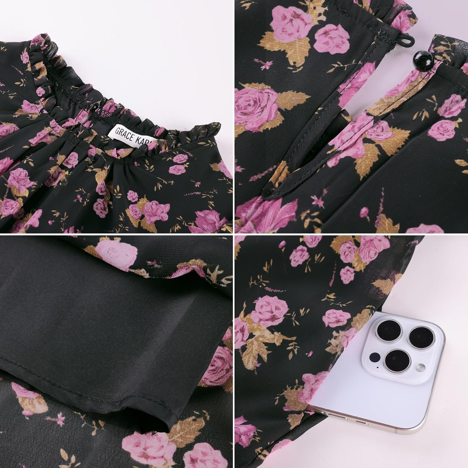 image:imageGRACE KARIN Womens Floral Long Sleeve Fall Wedding Guest Maxi Dress 2026 ChiffonSide PocketsMock NeckSmocked TiededA Line Flowy Outfits Suitable for Semi FormalPartyCocktailBohoBlack and Rose Floral