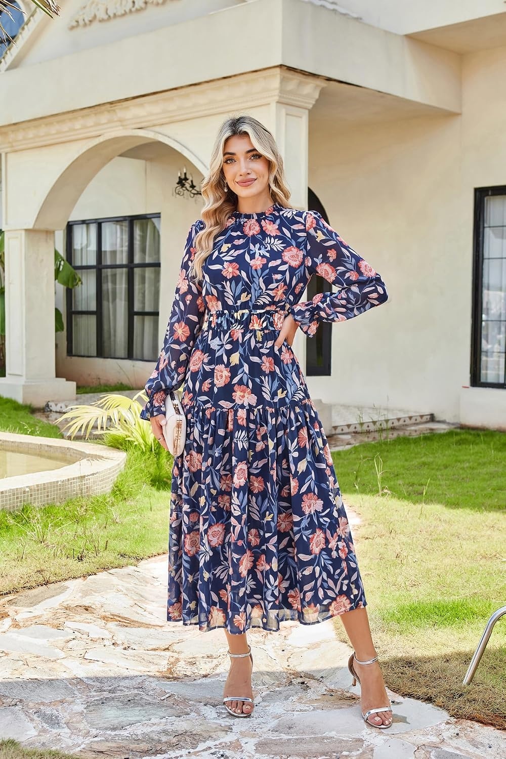 image:imageGRACE KARIN Womens Floral Long Sleeve Fall Wedding Guest Maxi Dress 2026 ChiffonSide PocketsMock NeckSmocked TiededA Line Flowy Outfits Suitable for Semi FormalPartyCocktailBohoBlue Floral