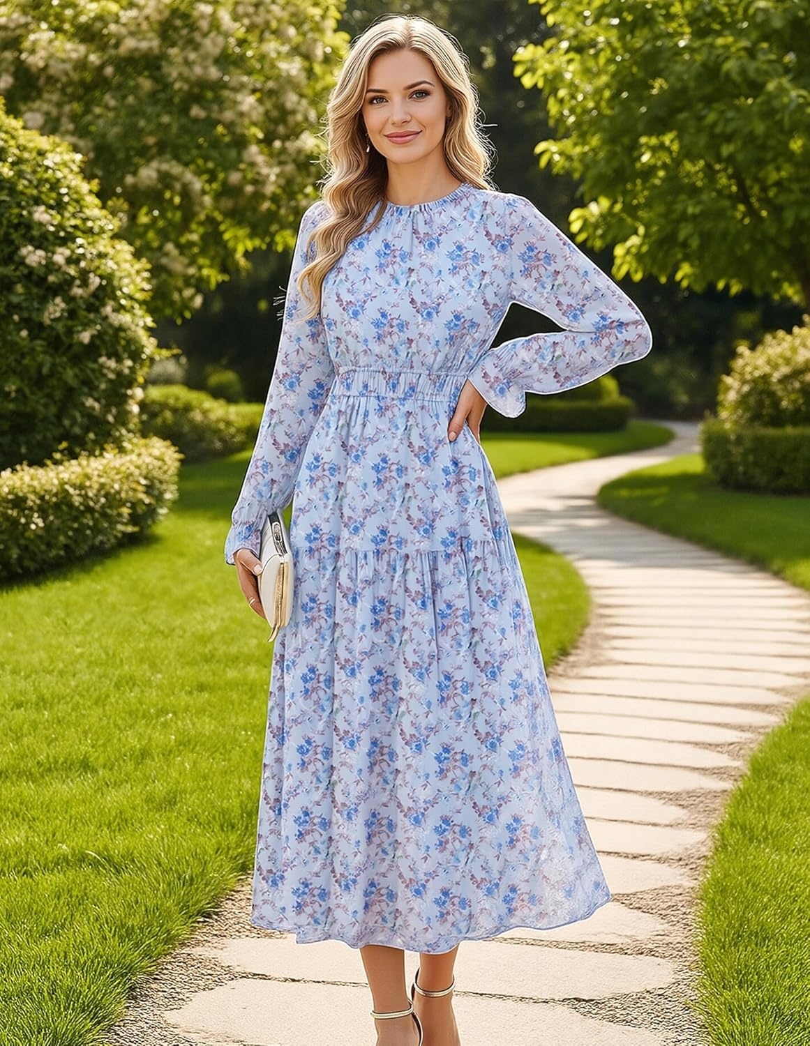 image:imageGRACE KARIN Womens Floral Long Sleeve Fall Wedding Guest Maxi Dress 2026 ChiffonSide PocketsMock NeckSmocked TiededA Line Flowy Outfits Suitable for Semi FormalPartyCocktailBohoSky Blue Floral
