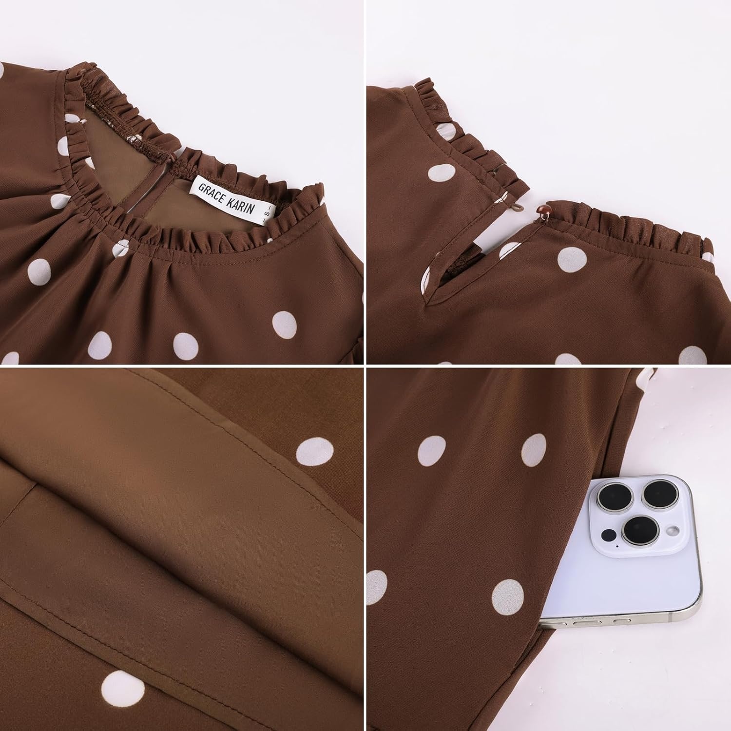 image:imageGRACE KARIN Womens Floral Long Sleeve Fall Wedding Guest Maxi Dress 2026 ChiffonSide PocketsMock NeckSmocked TiededA Line Flowy Outfits Suitable for Semi FormalPartyCocktailBohoBrown Polka Dots