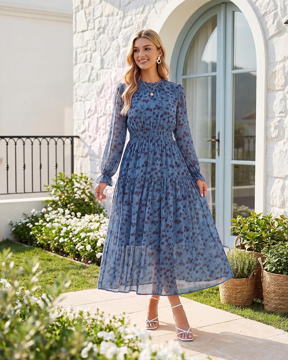 image:imageGRACE KARIN Womens Floral Long Sleeve Fall Wedding Guest Maxi Dress 2026 ChiffonSide PocketsMock NeckSmocked TiededA Line Flowy Outfits Suitable for Semi FormalPartyCocktailBohoPeacock Blue and Floral